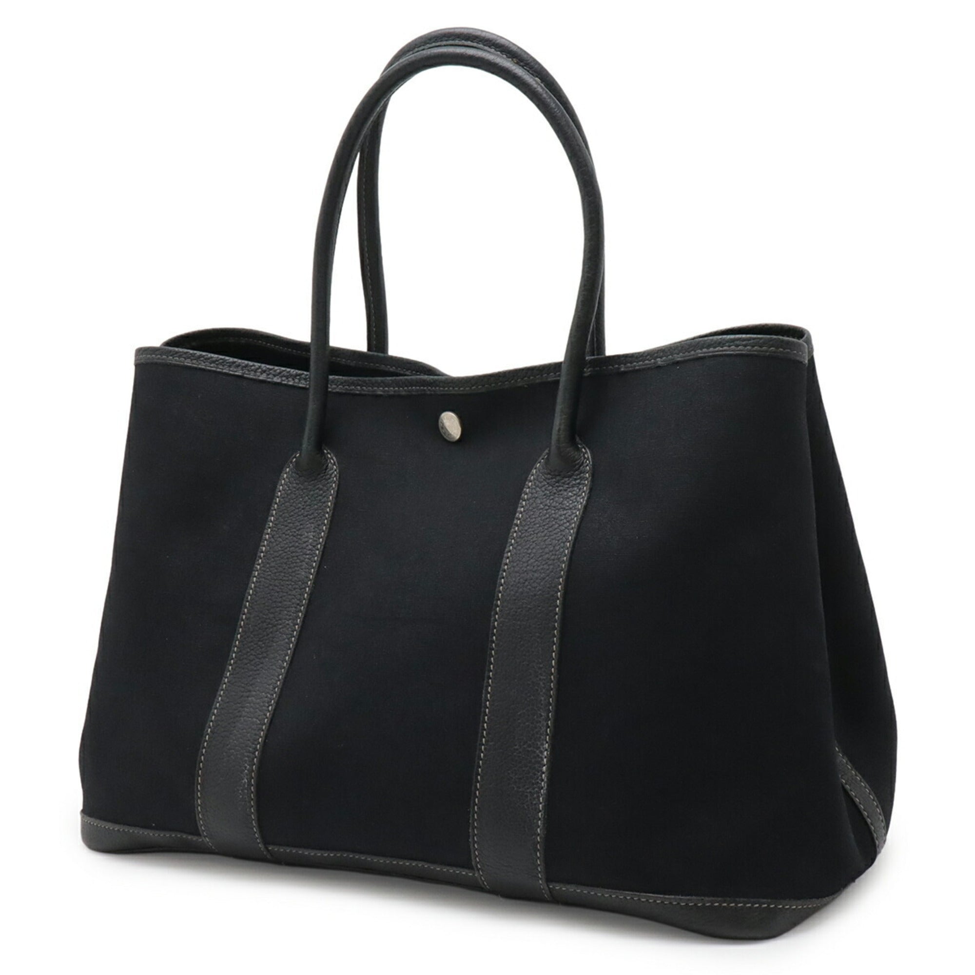 Hermes Garden Black Toile Officier Leather Handbag Tote Bag (Pre-Owned)