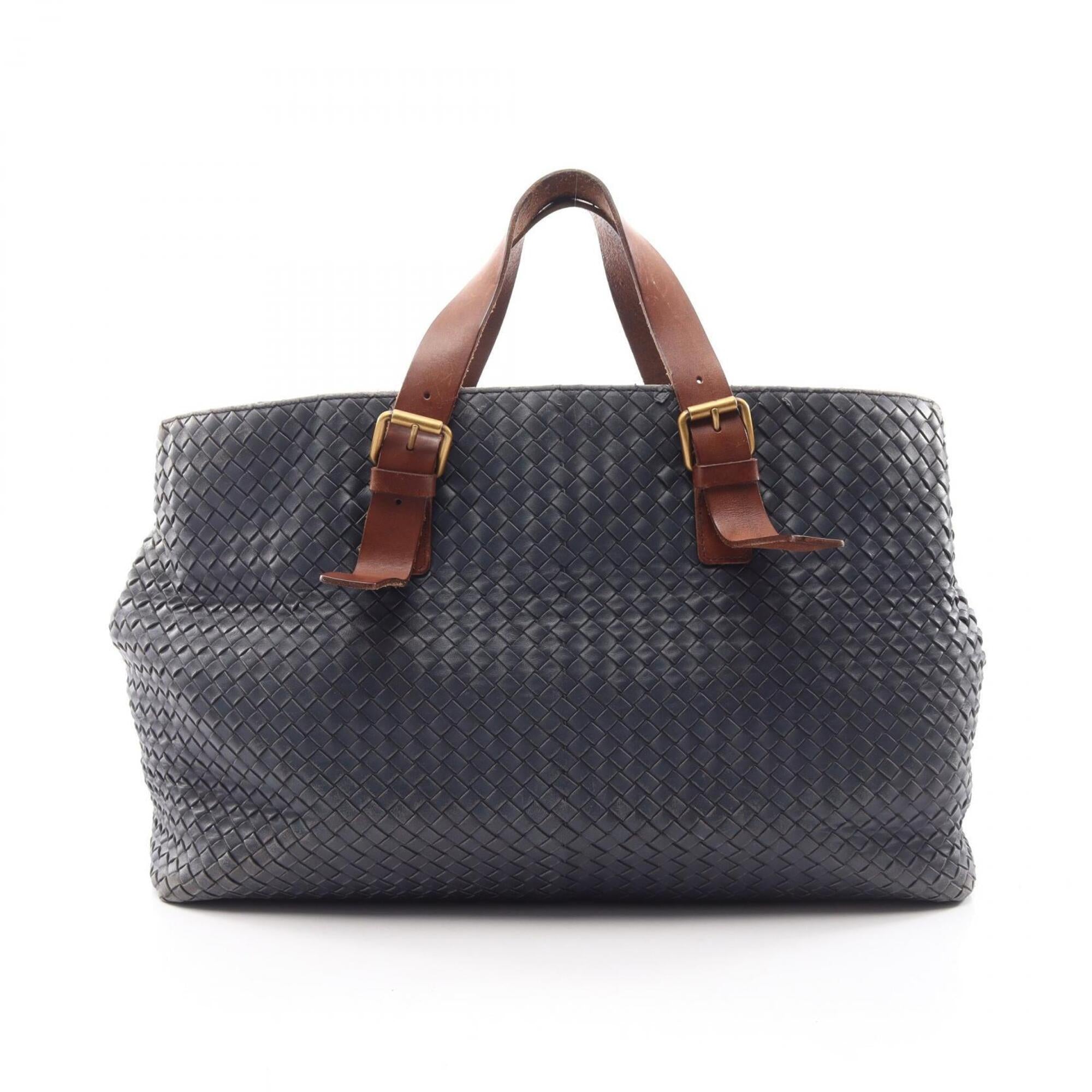 Bottega Veneta Brown Navy Leather Handbag Tote Bag (Pre-Owned)