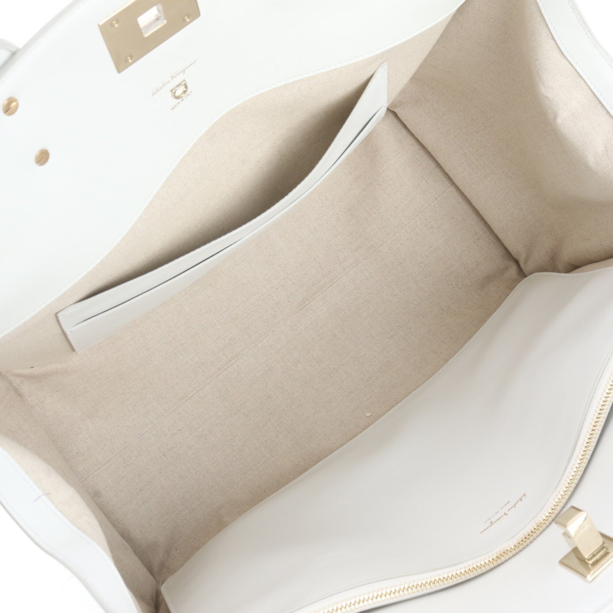 Salvatore Ferragamo Gancini Beige White Canvas Leather Handbag Tote Bag (Pre-Owned)
