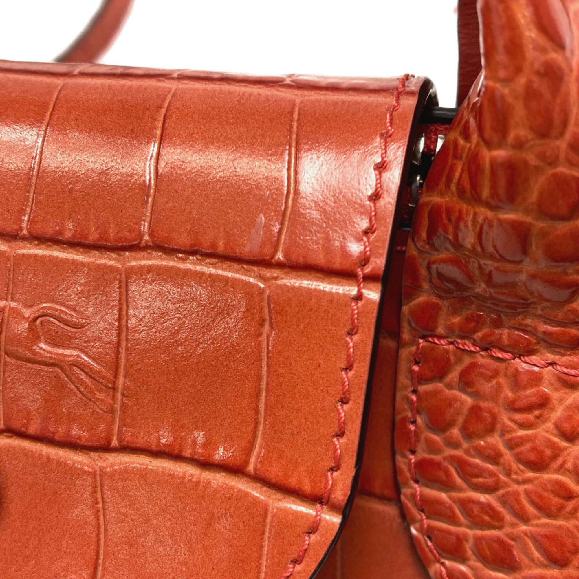 Longchamp Le Pliage Brown Orange Leather Handbag (Pre-Owned)