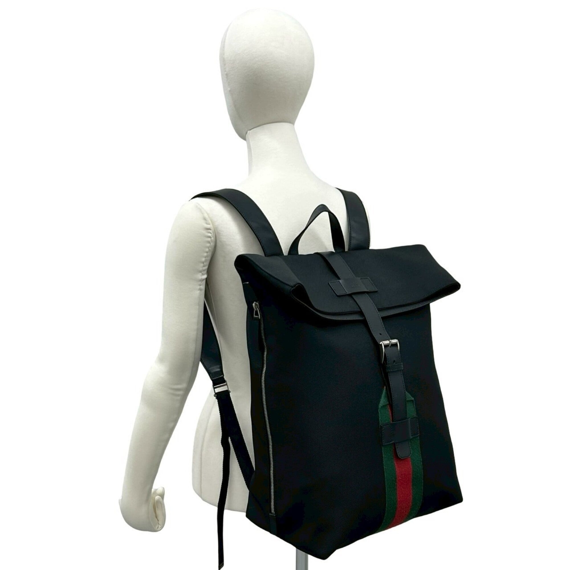 Gucci Black Green Red Color Canvas Leather Backpack (Pre-Owned)
