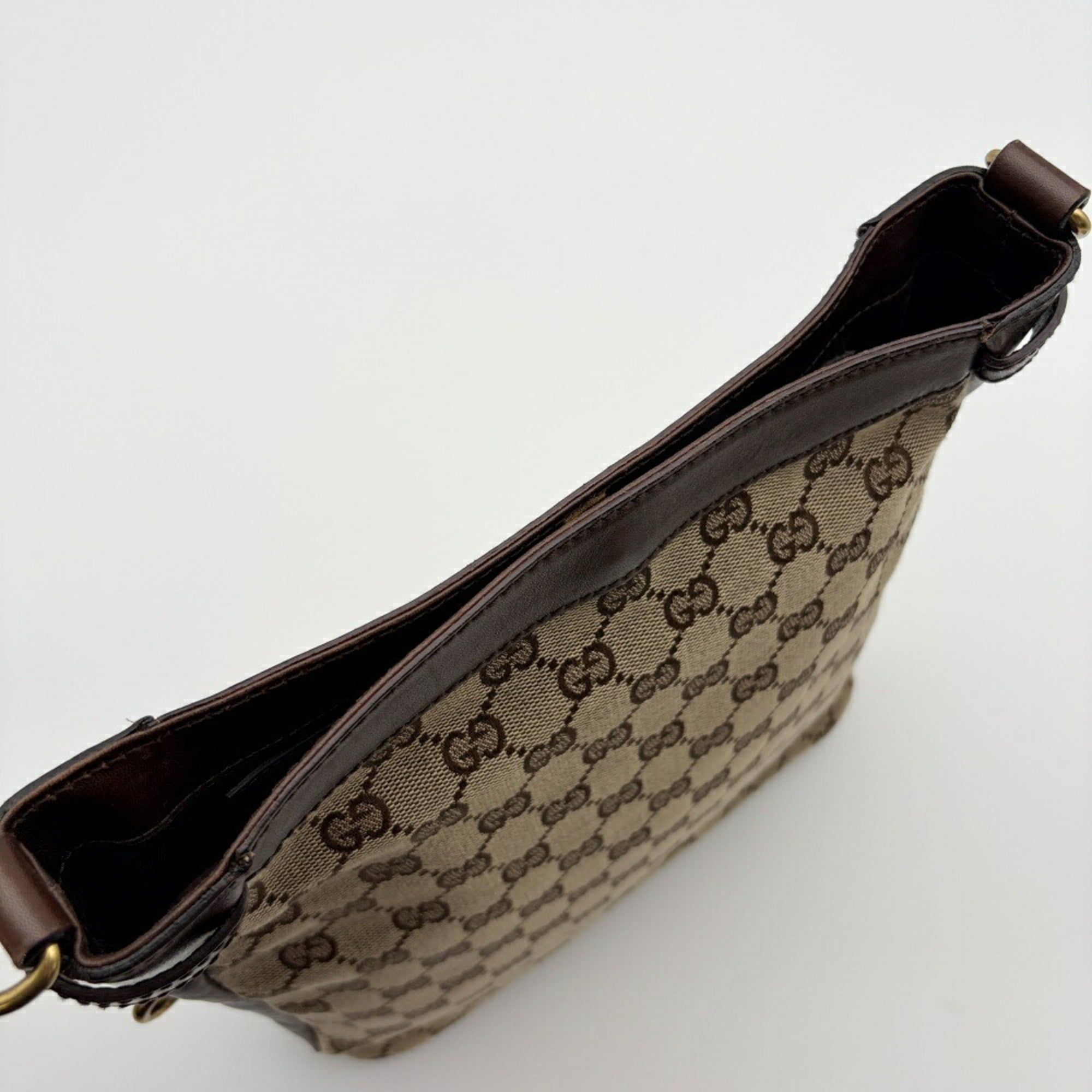 Gucci Gg Canvas Beige Dark Brown Gg Canvas Leather Shoulder Bag (Pre-Owned)