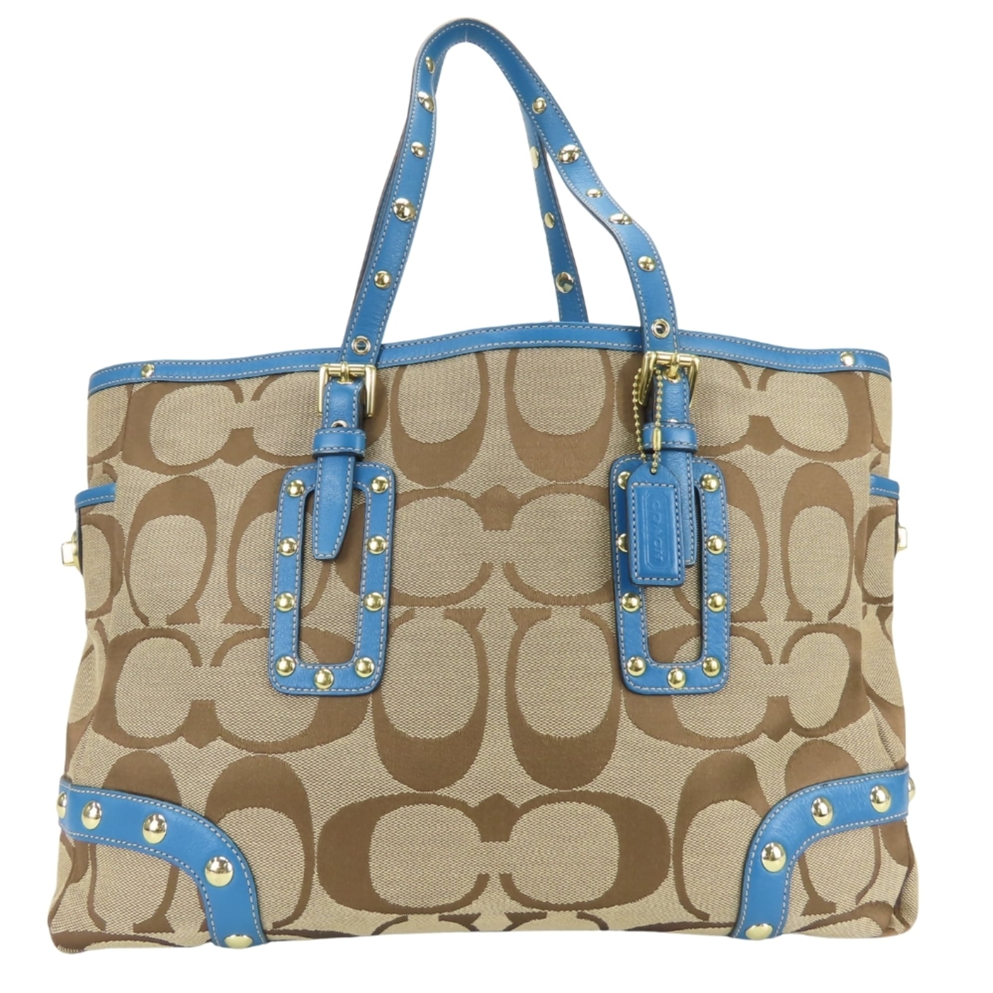 Coach Signature Blue Brown Canvas Leather Tote Bag (Pre-Owned)