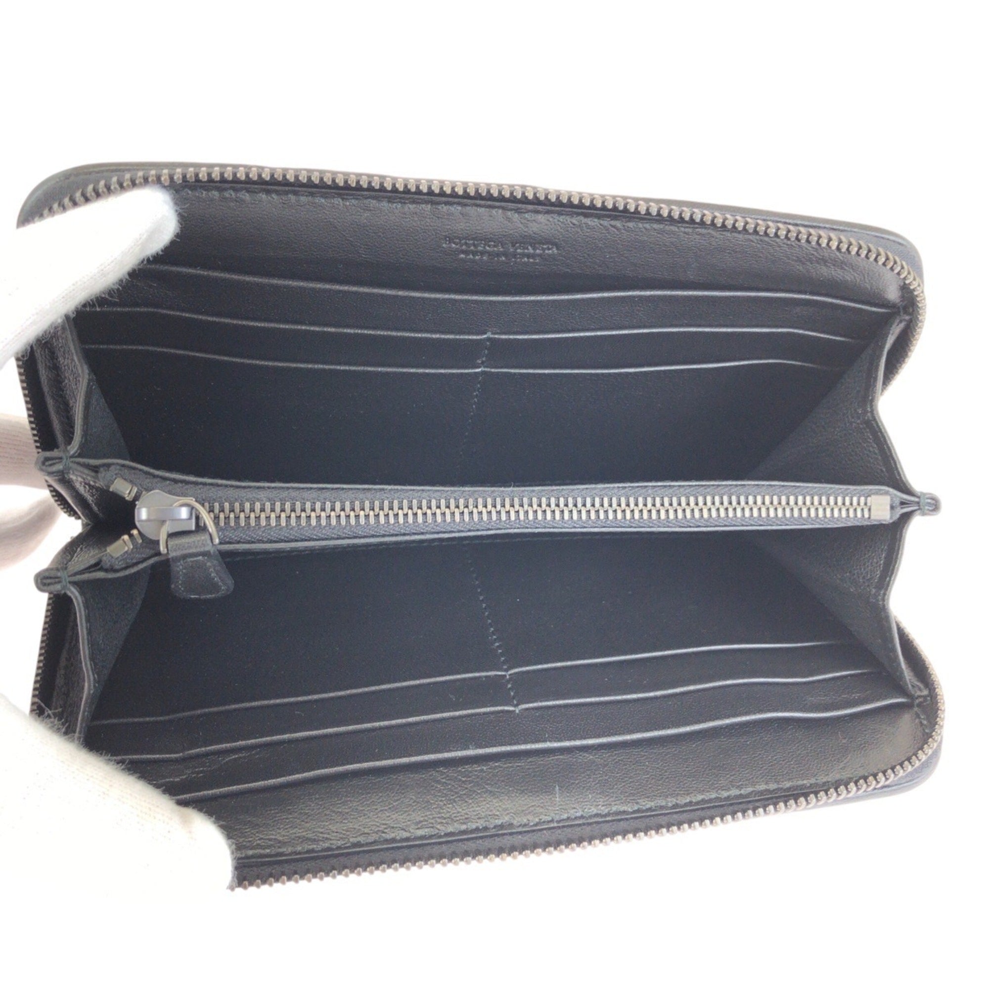 Bottega Veneta Black Gray Leather Long Wallet (Bi-Fold) (Pre-Owned)