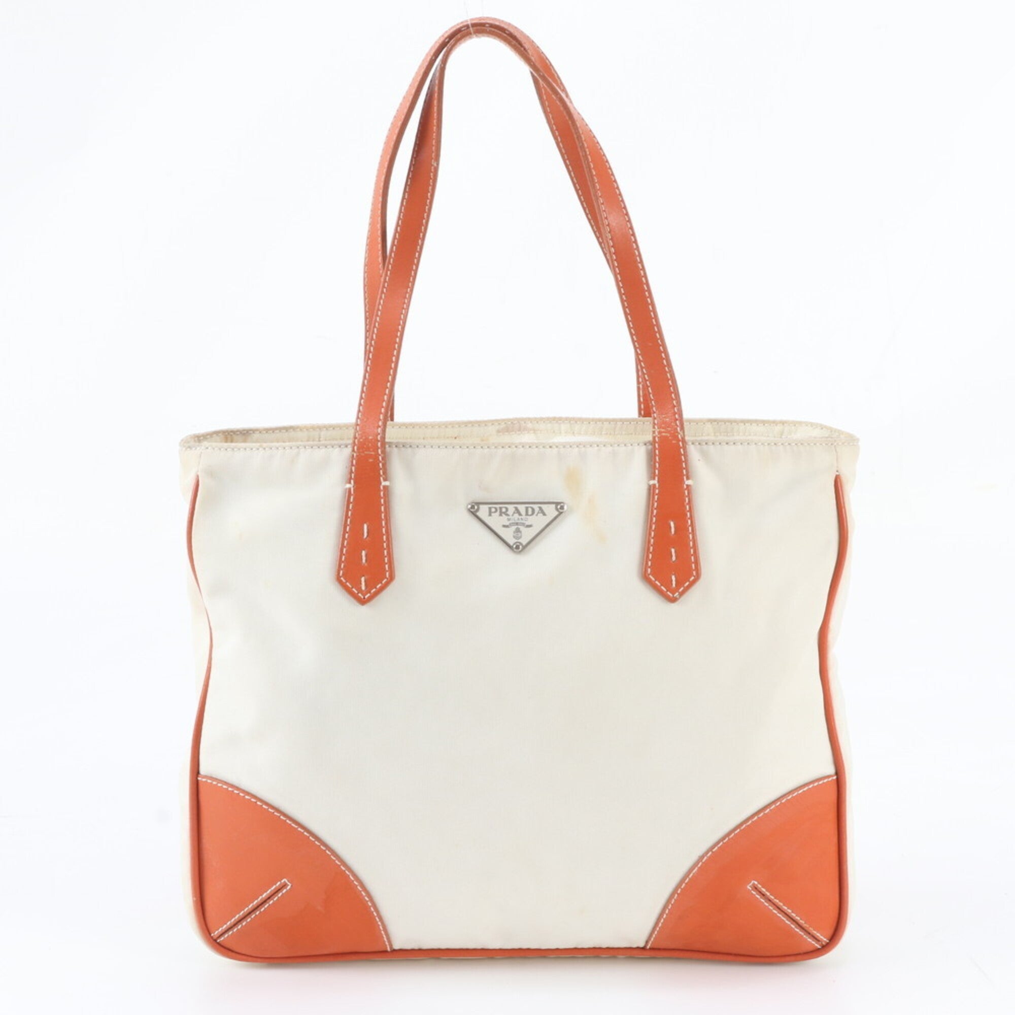 Prada Ivory Orange Nylon Leather Handbag Tote Bag (Pre-Owned)