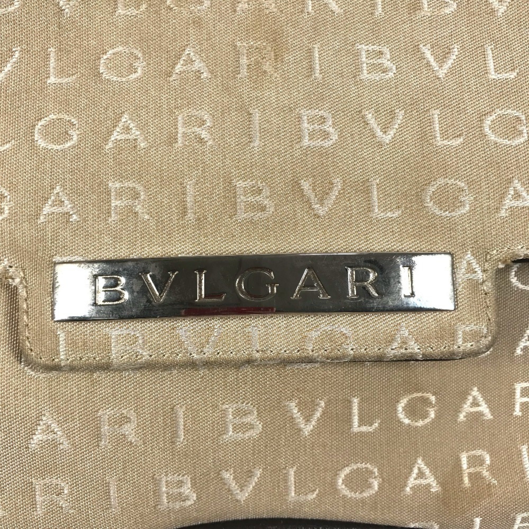 Bvlgari Logomania Beige Dark Brown Leather Canvas Handbag Shoulder Bag (Pre-Owned)