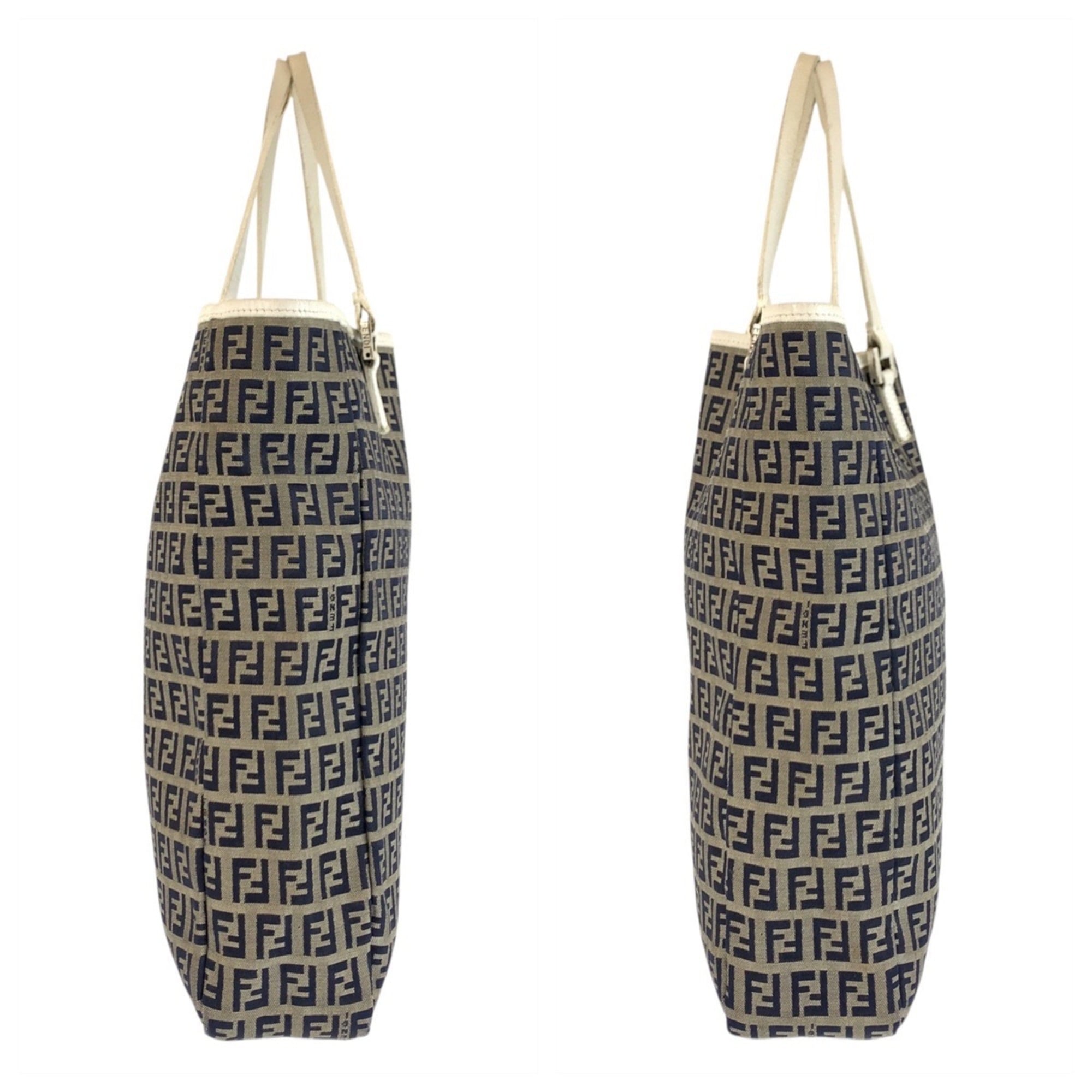 Fendi Gray White Canvas Leather Handbag Tote Bag (Pre-Owned)