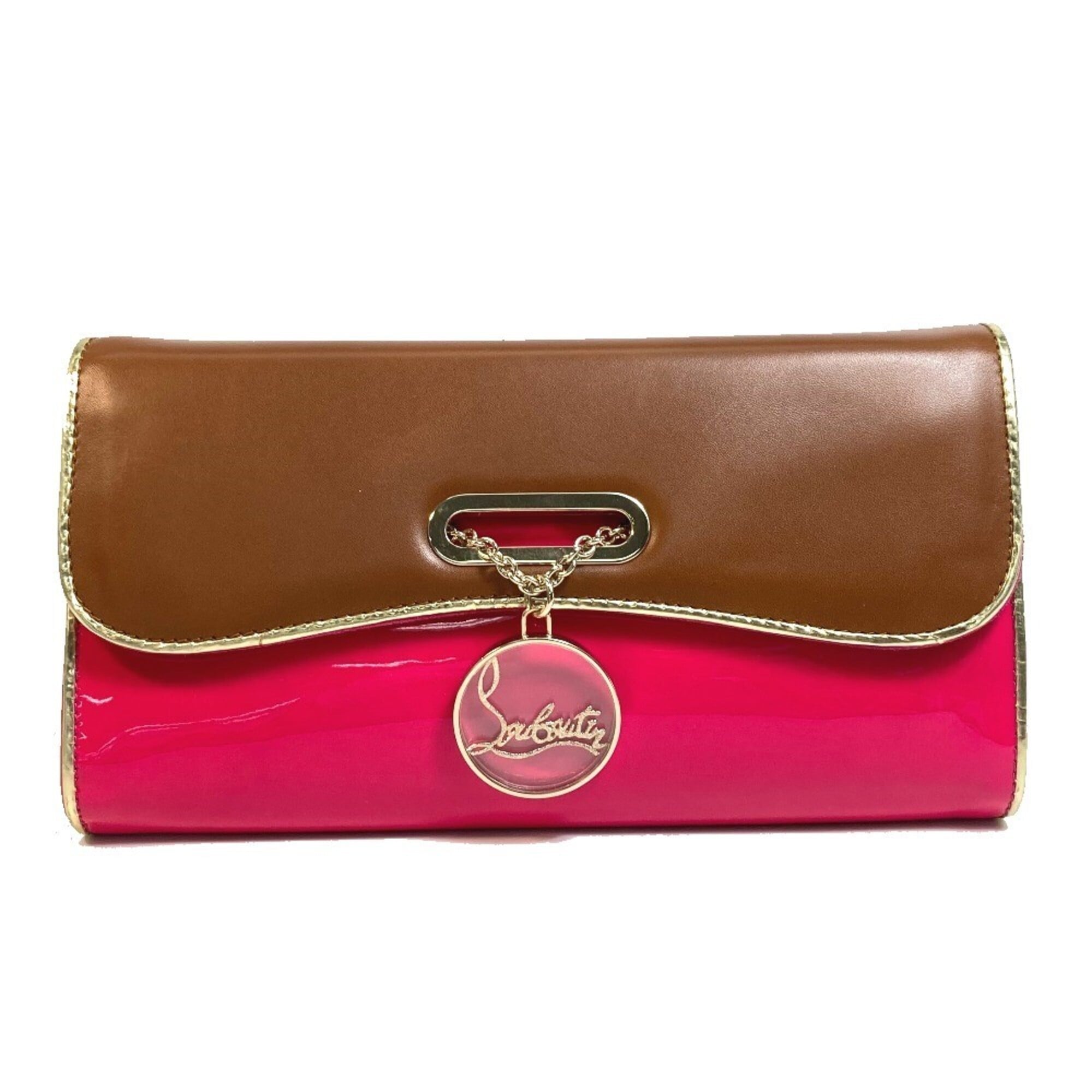 Christian Louboutin Brown Pink Patent Leather Suede Leather Clutch Bag Handbag (Pre-Owned)