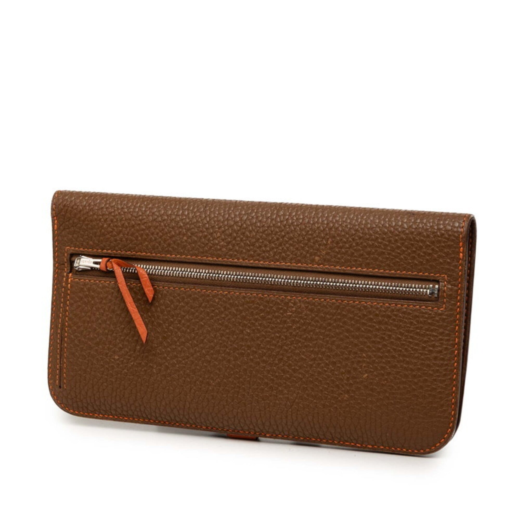 Hermes Brown Taurillon Clemence Leather Long Wallet (Bi-Fold) (Pre-Owned)