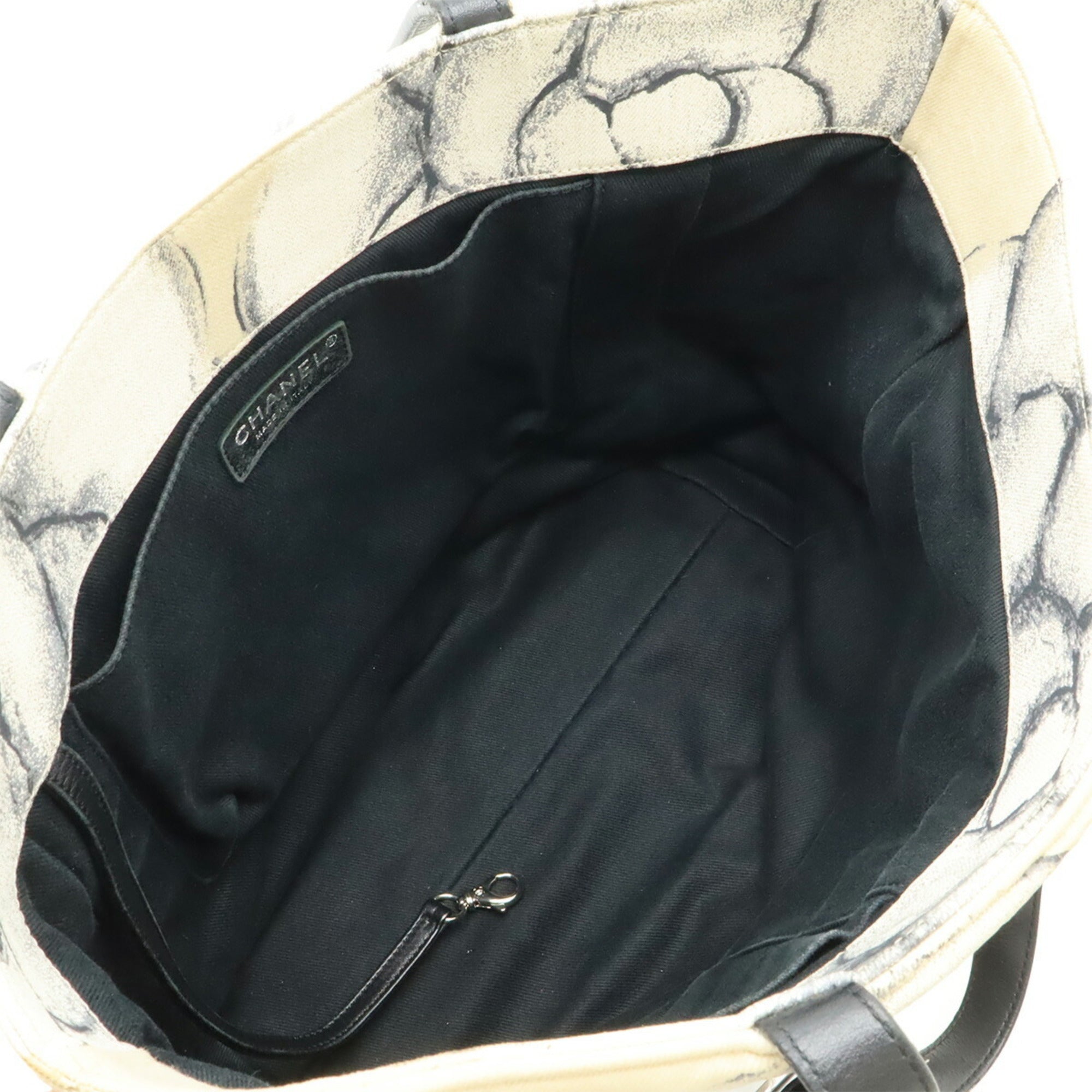 Chanel Black Off-White White Canvas Leather Shoulder Bag Tote Bag (Pre-Owned)