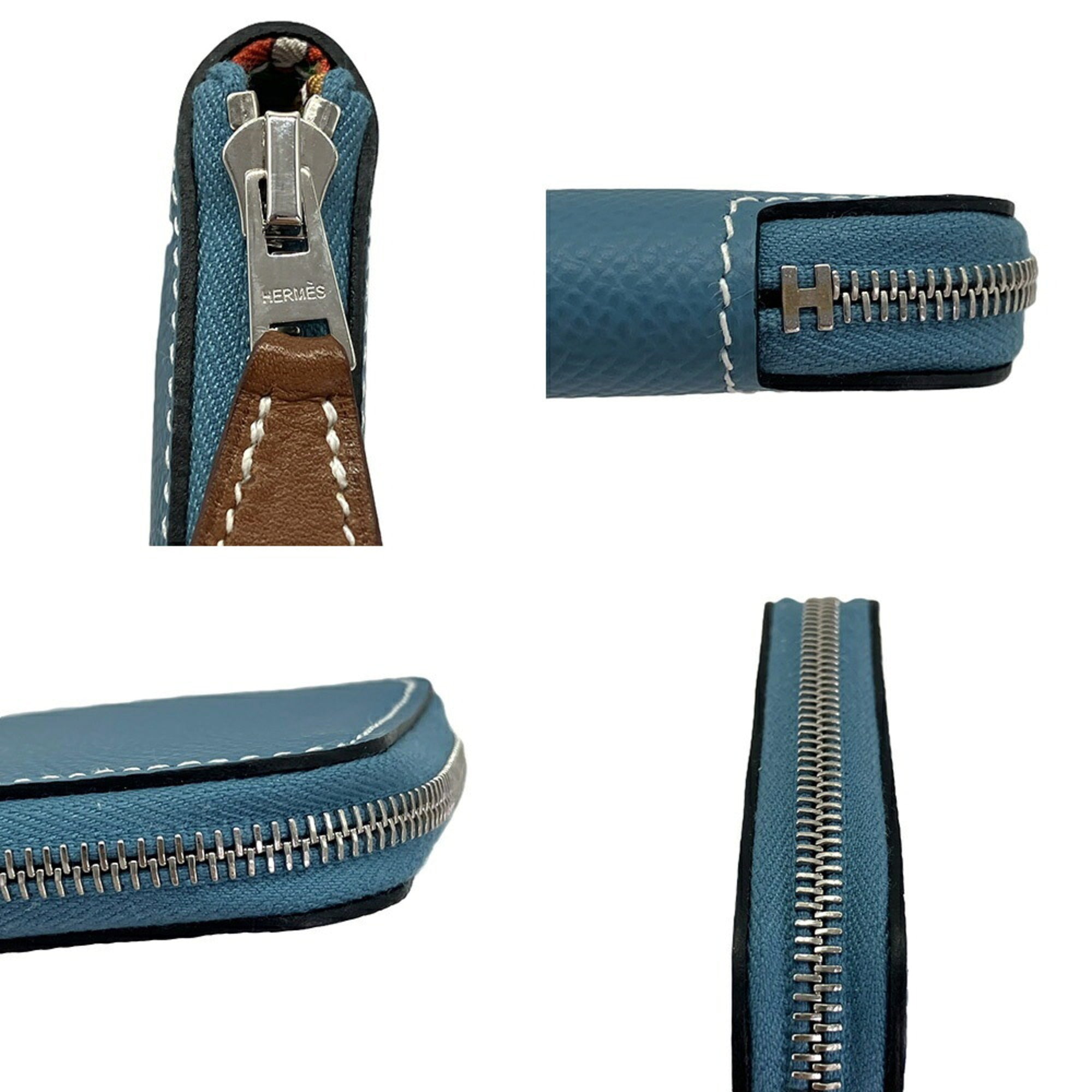 Hermes Silk'in Blue Leather Silk Coin Purse/Coin Case (Pre-Owned)