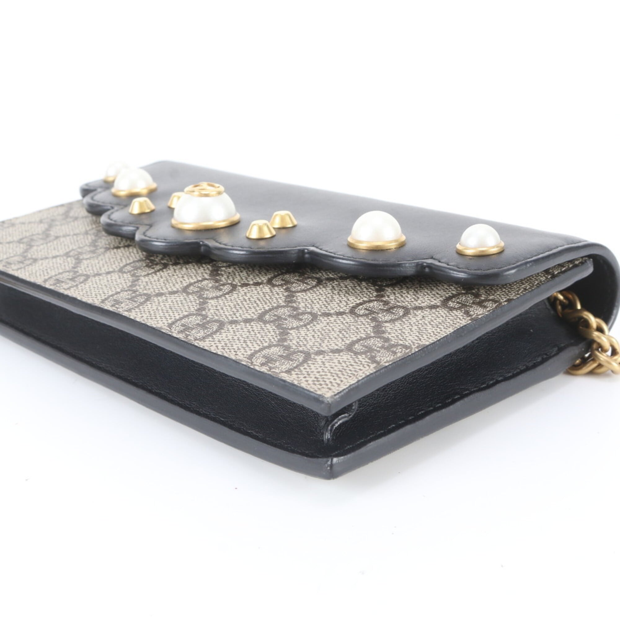 Gucci Beige Black Leather Coated Canvas Chain/Shoulder Wallet (Pre-Owned)