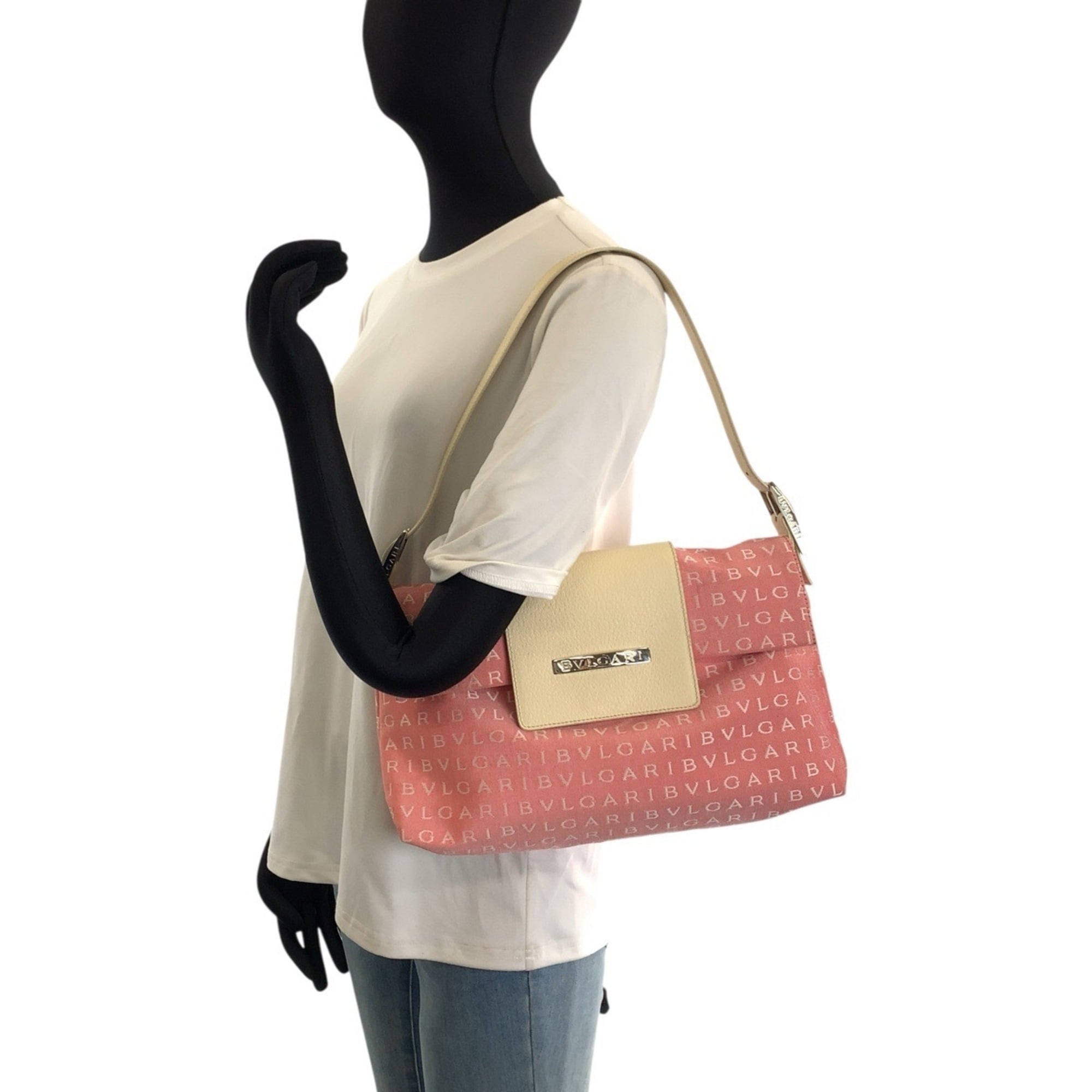 Bvlgari Cream Pink Canvas Leather Handbag Shoulder Bag (Pre-Owned)
