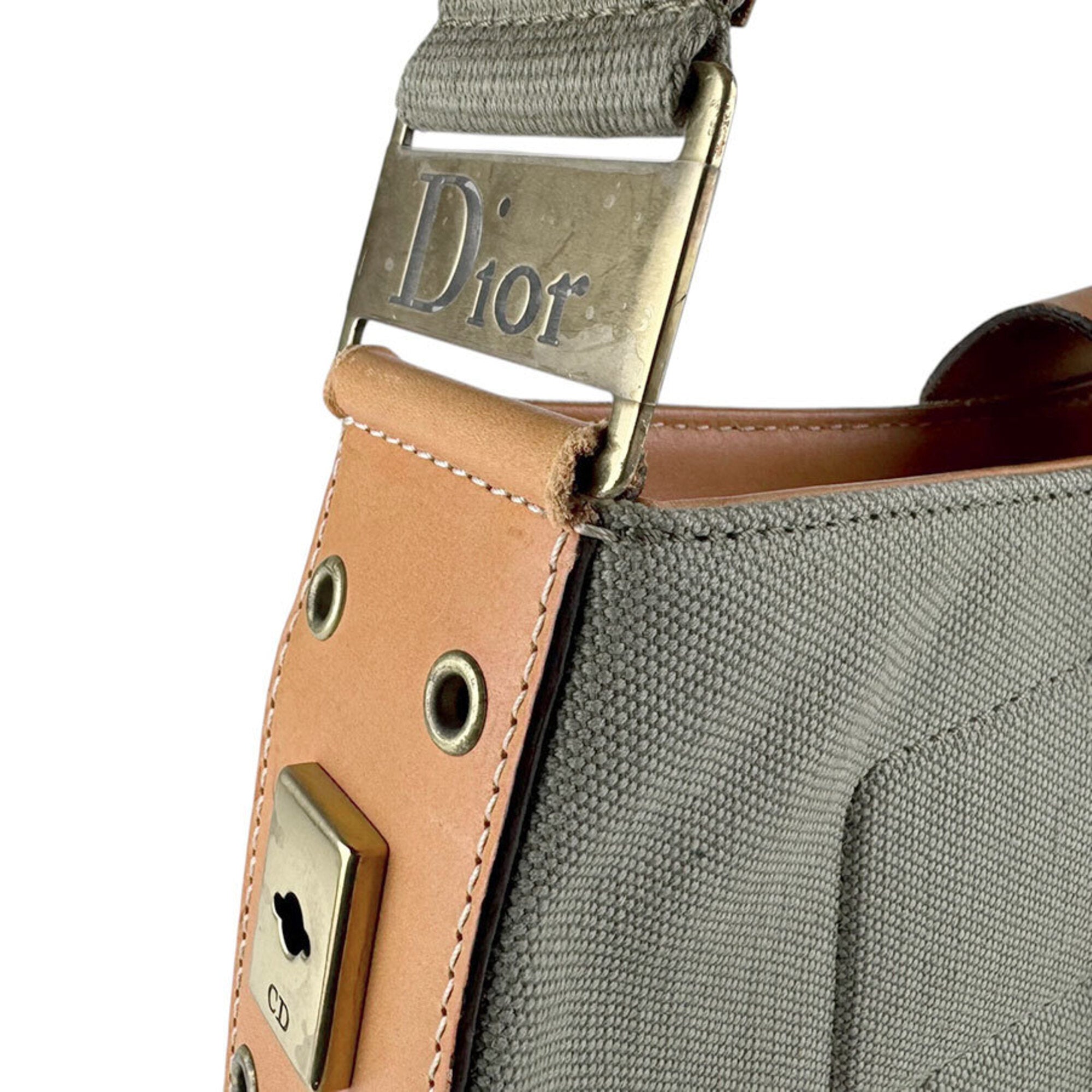 Christian Dior Brown Green Canvas Leather Shoulder Bag (Pre-Owned)