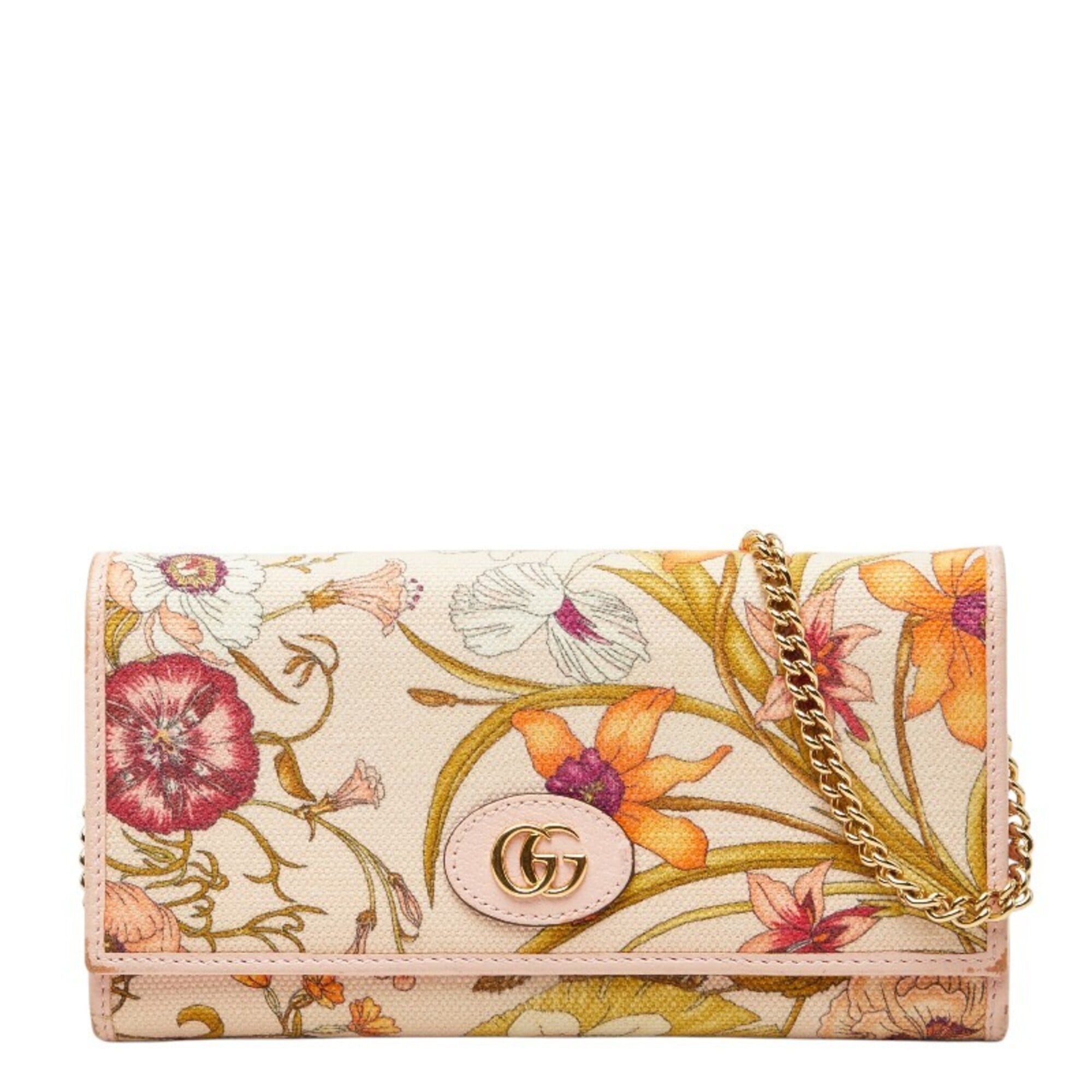 Gucci Multi-Color Pink Canvas Leather Chain/Shoulder Wallet (Pre-Owned)