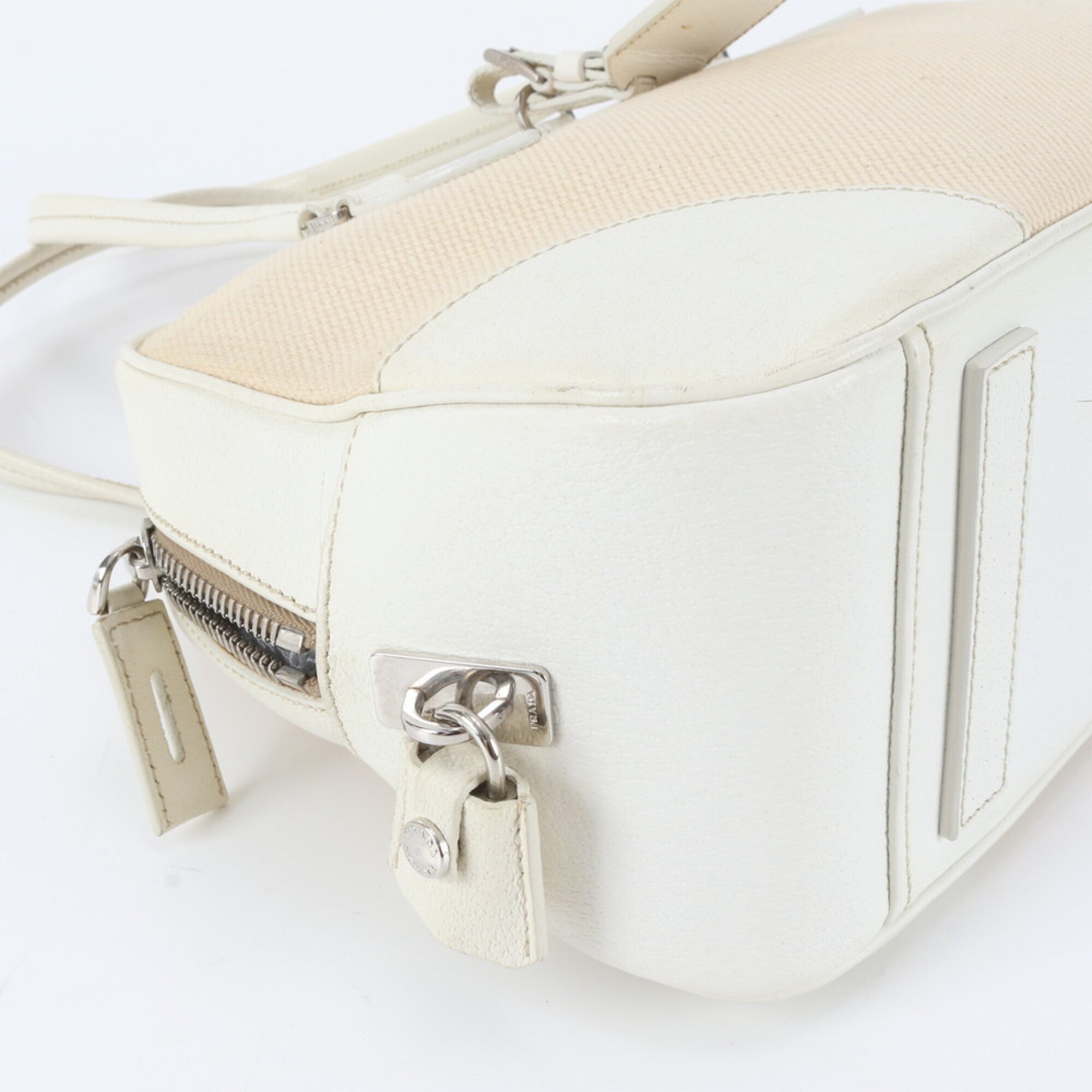 Prada Ivory Leather Canvas Handbag Tote Bag (Pre-Owned)