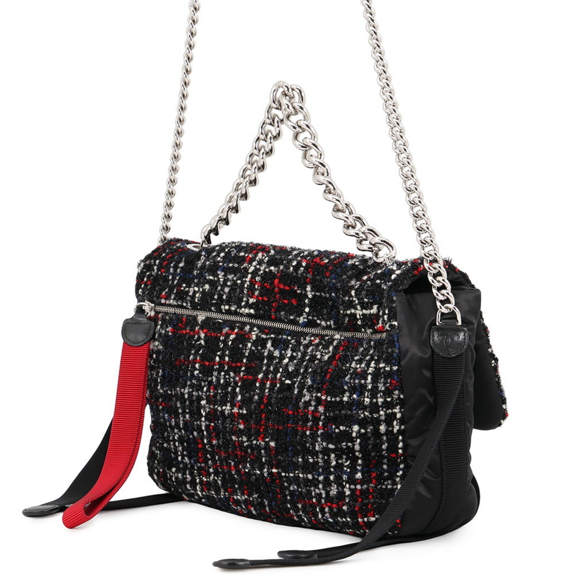Chanel Black Red Color Tweed Nylon Shoulder Bag (Pre-Owned)