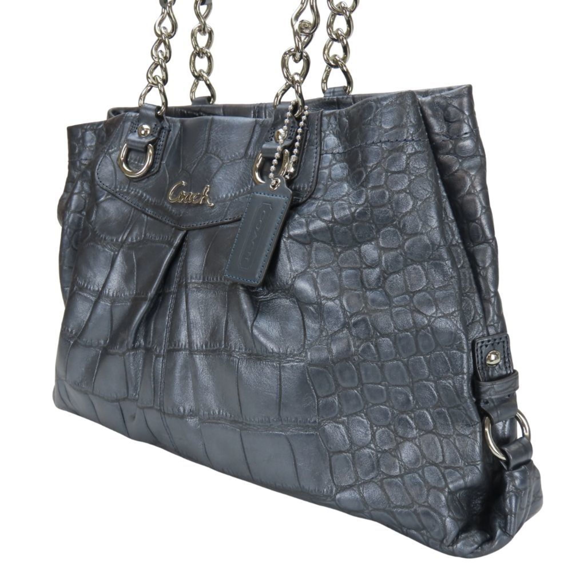 Coach Gray Metallic Navy Leather Tote Bag (Pre-Owned)