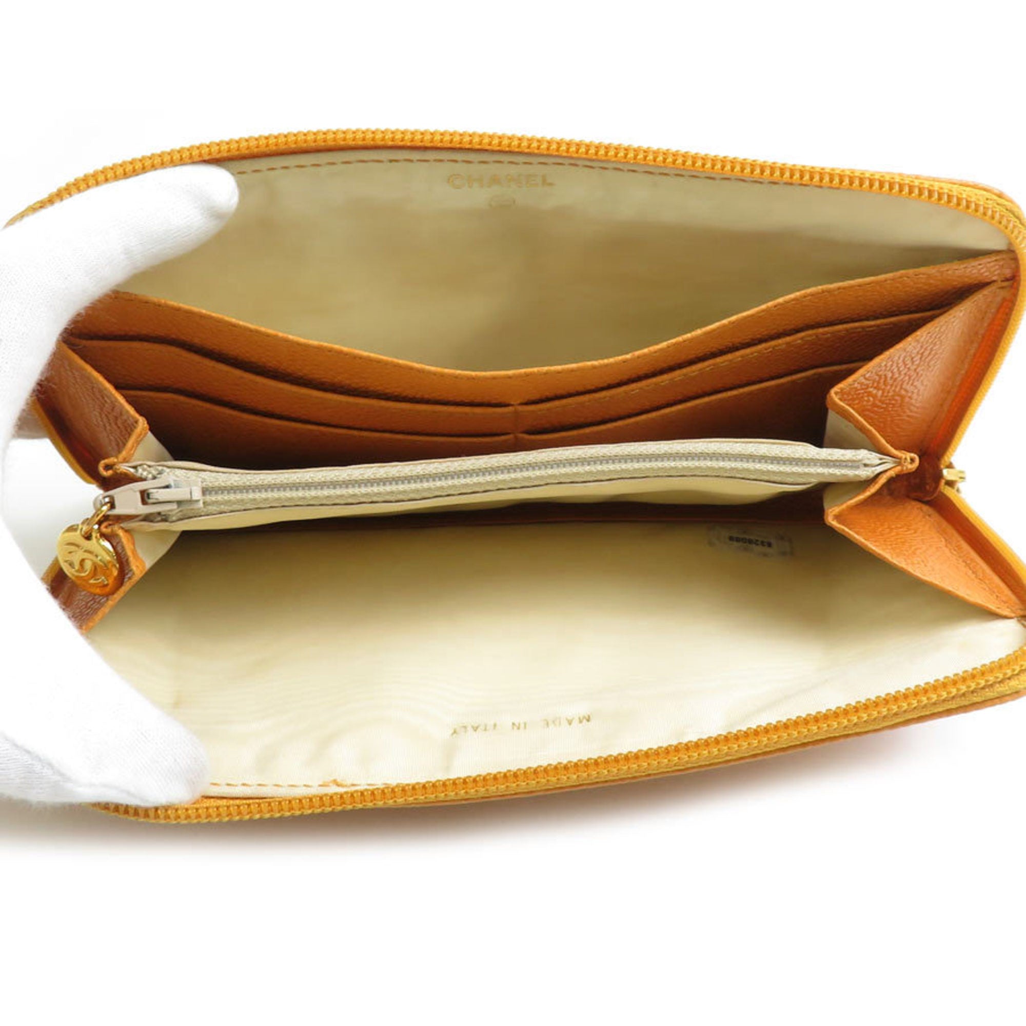 Chanel Orange Grained Calfskin Long Wallet (Bi-Fold) (Pre-Owned)