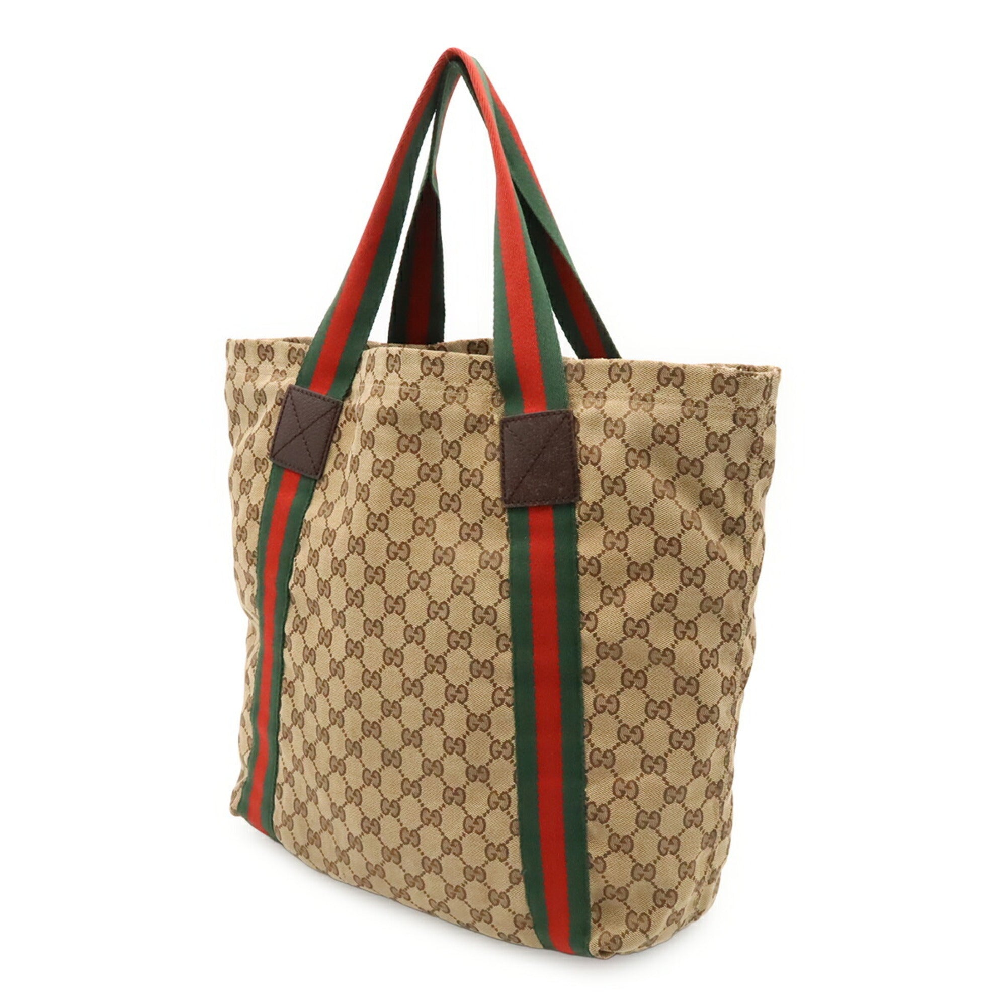 Gucci Beige Green Khaki Red Color Canvas Leather Shoulder Bag Tote Bag (Pre-Owned)