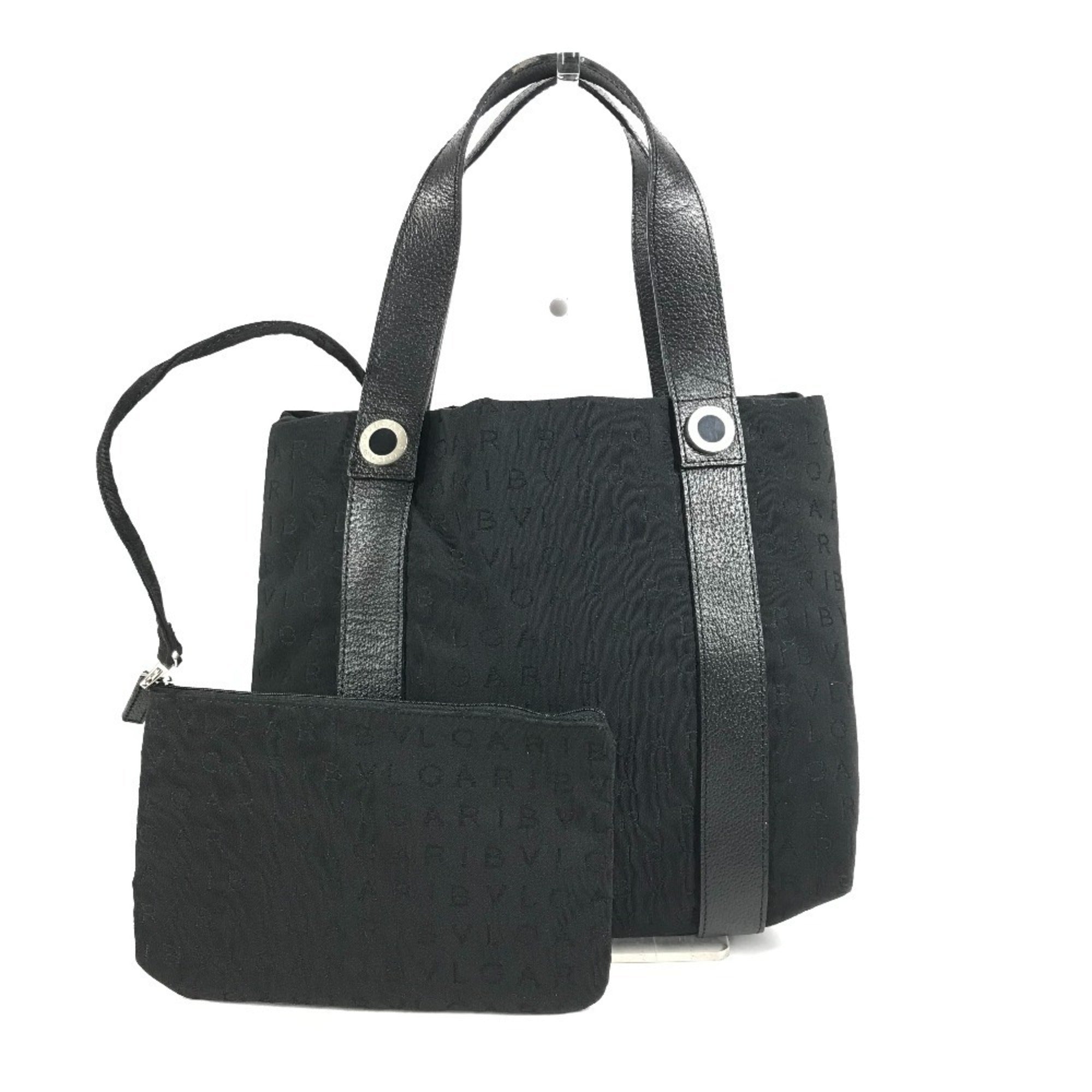 Bvlgari Logomania Black Leather Canvas Handbag Tote Bag (Pre-Owned)