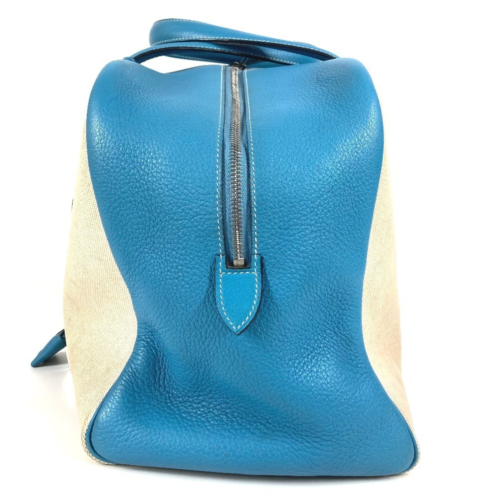 Hermes Beige Blue Toile H Leather Boston Bag Shoulder Bag (Pre-Owned)