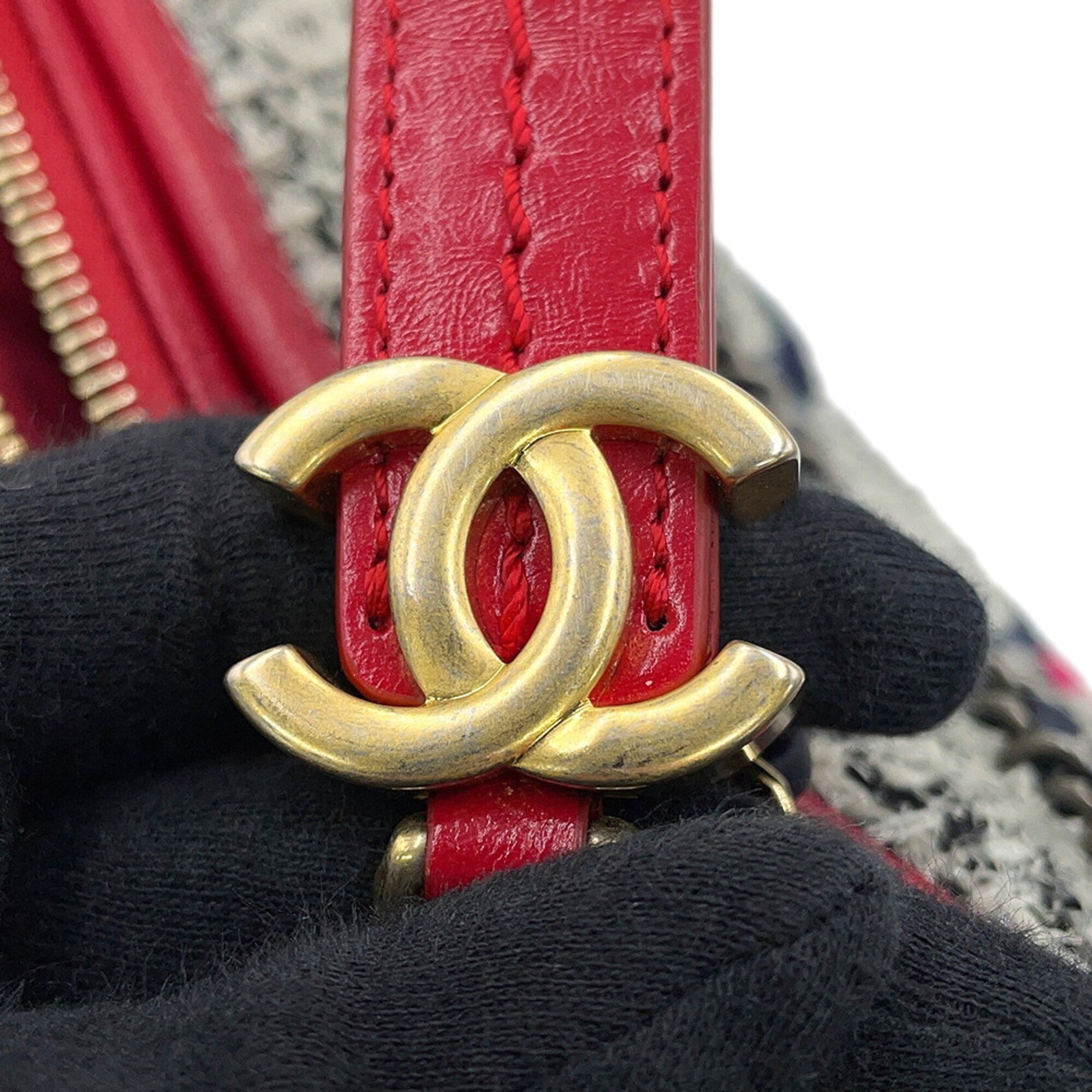 Chanel Navy Red Color White Tweed Leather Handbag Shoulder Bag (Pre-Owned)