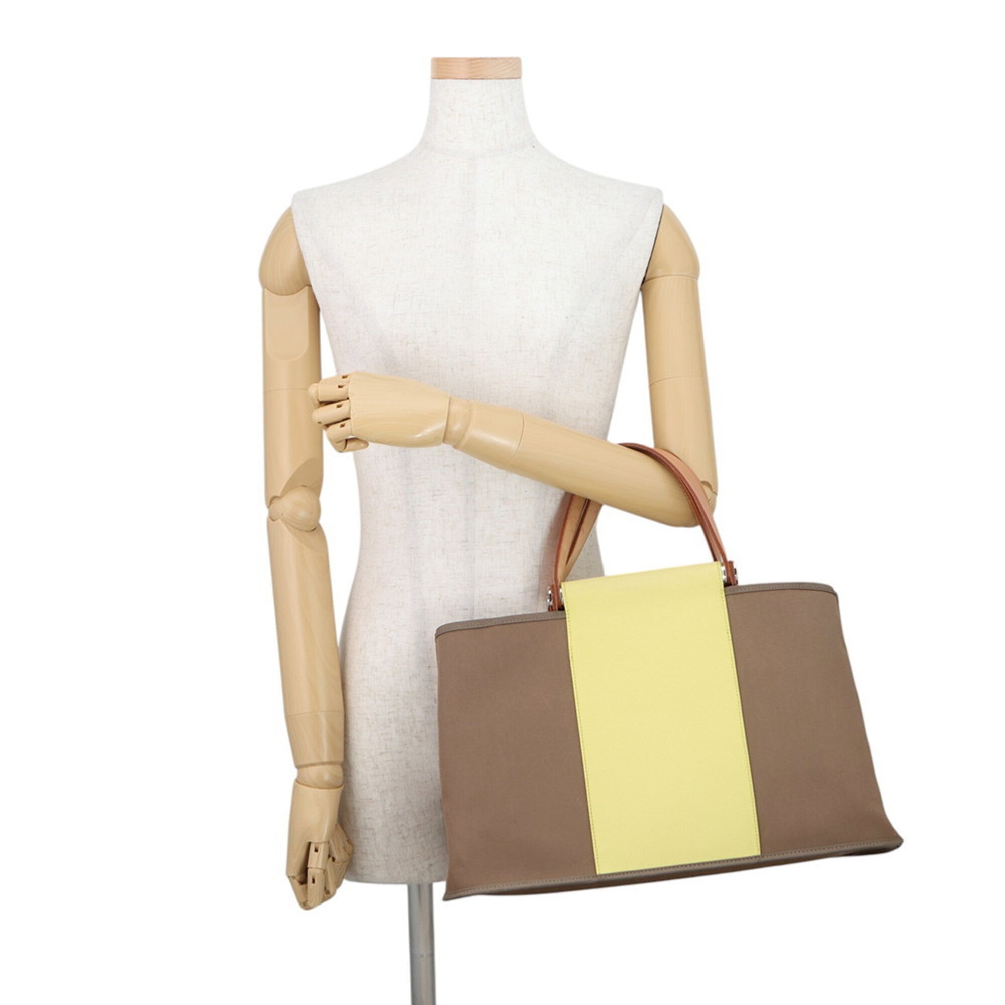 Hermes Cabag Etoupe Gray Yellow Toile Officier Leather Handbag Tote Bag (Pre-Owned)