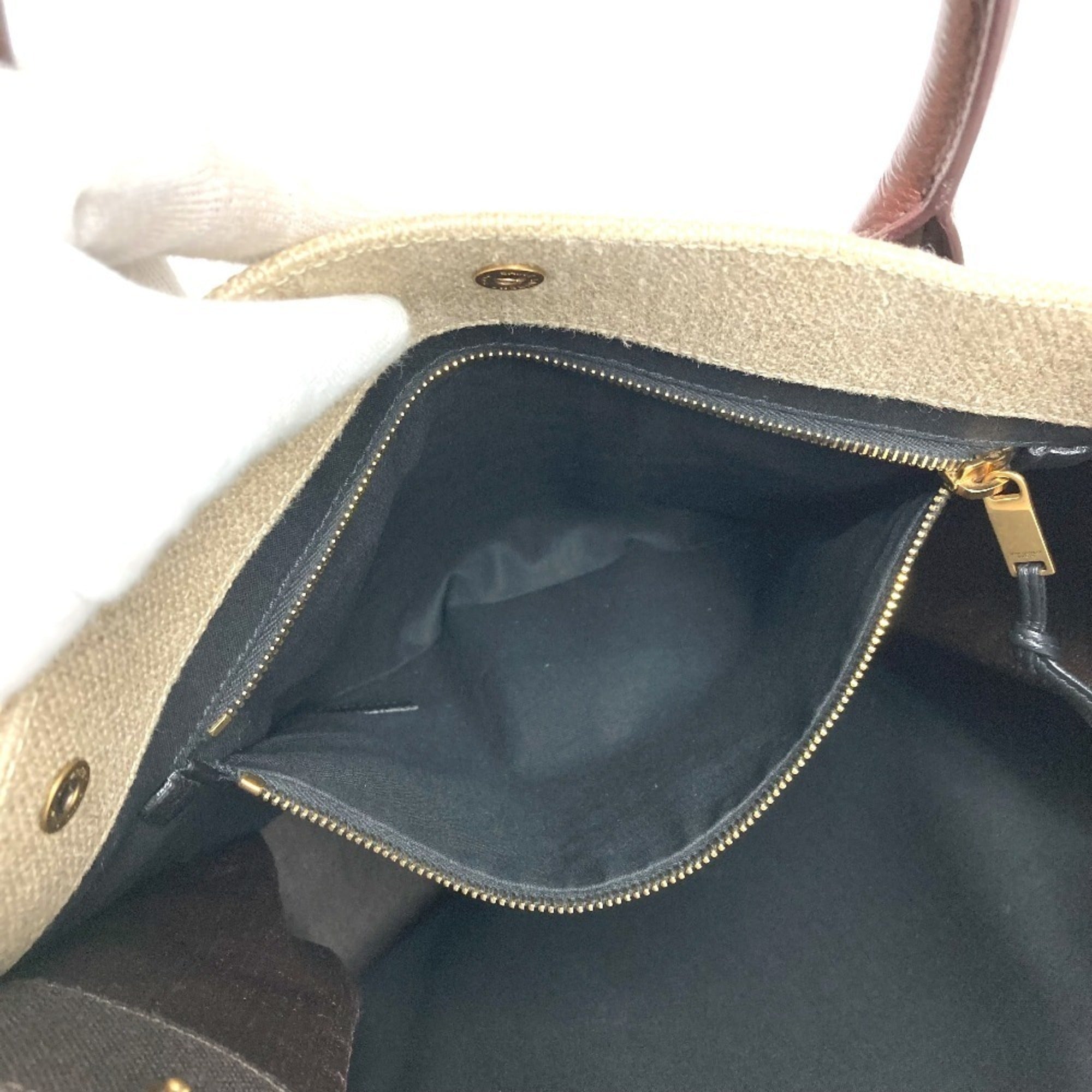 Yves Saint Laurent Beige Brown Linen Leather Handbag Shoulder Bag Tote Bag (Pre-Owned)