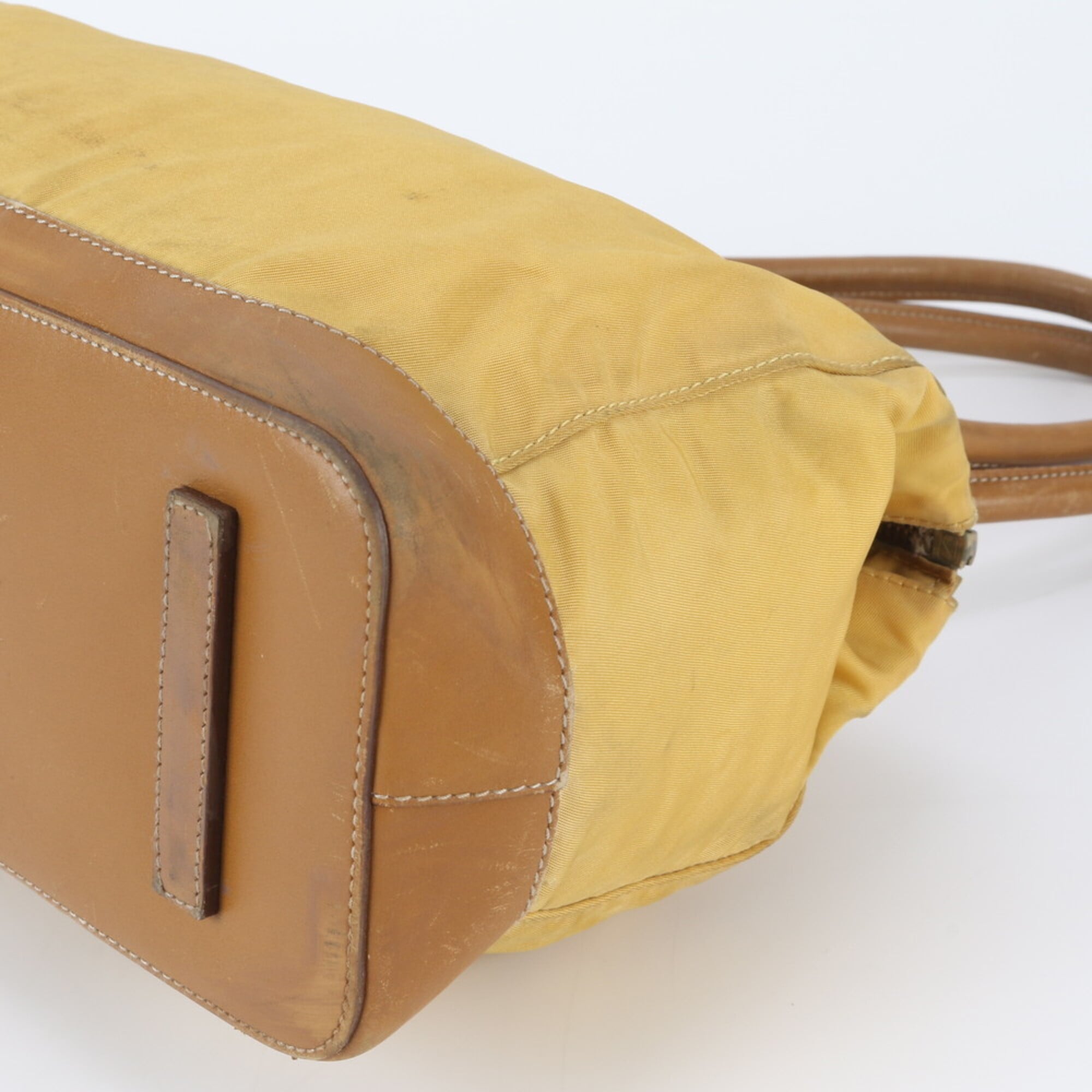 Prada Brown Yellow Nylon Leather Handbag Shoulder Bag Tote Bag (Pre-Owned)