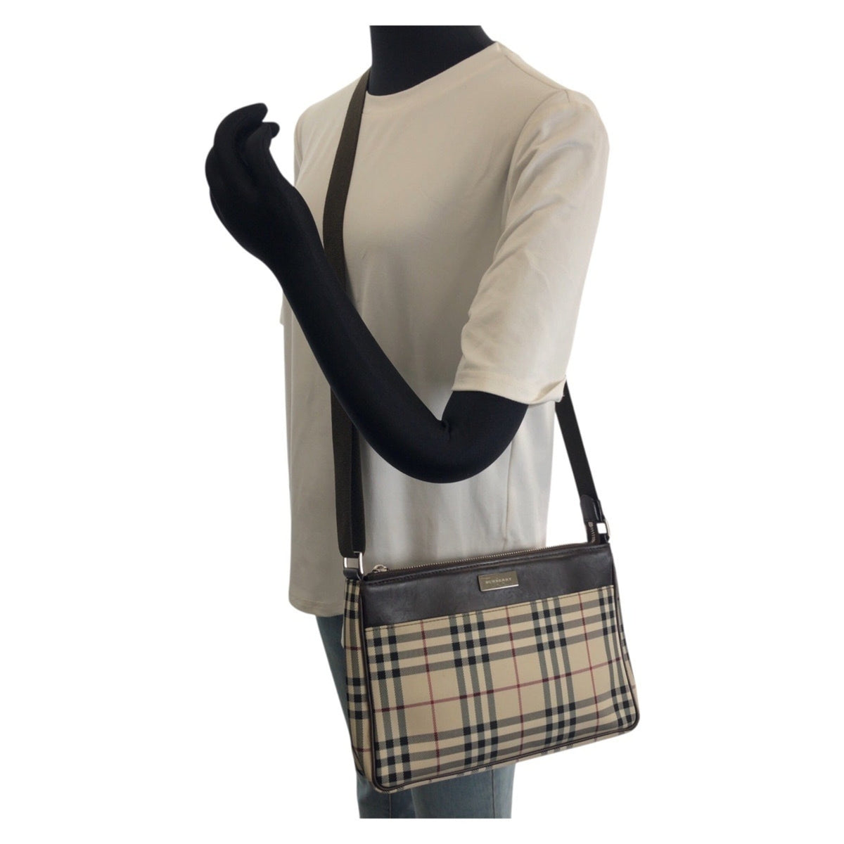 Burberry Beige Dark Brown Canvas Leather Shoulder Bag (Pre-Owned)