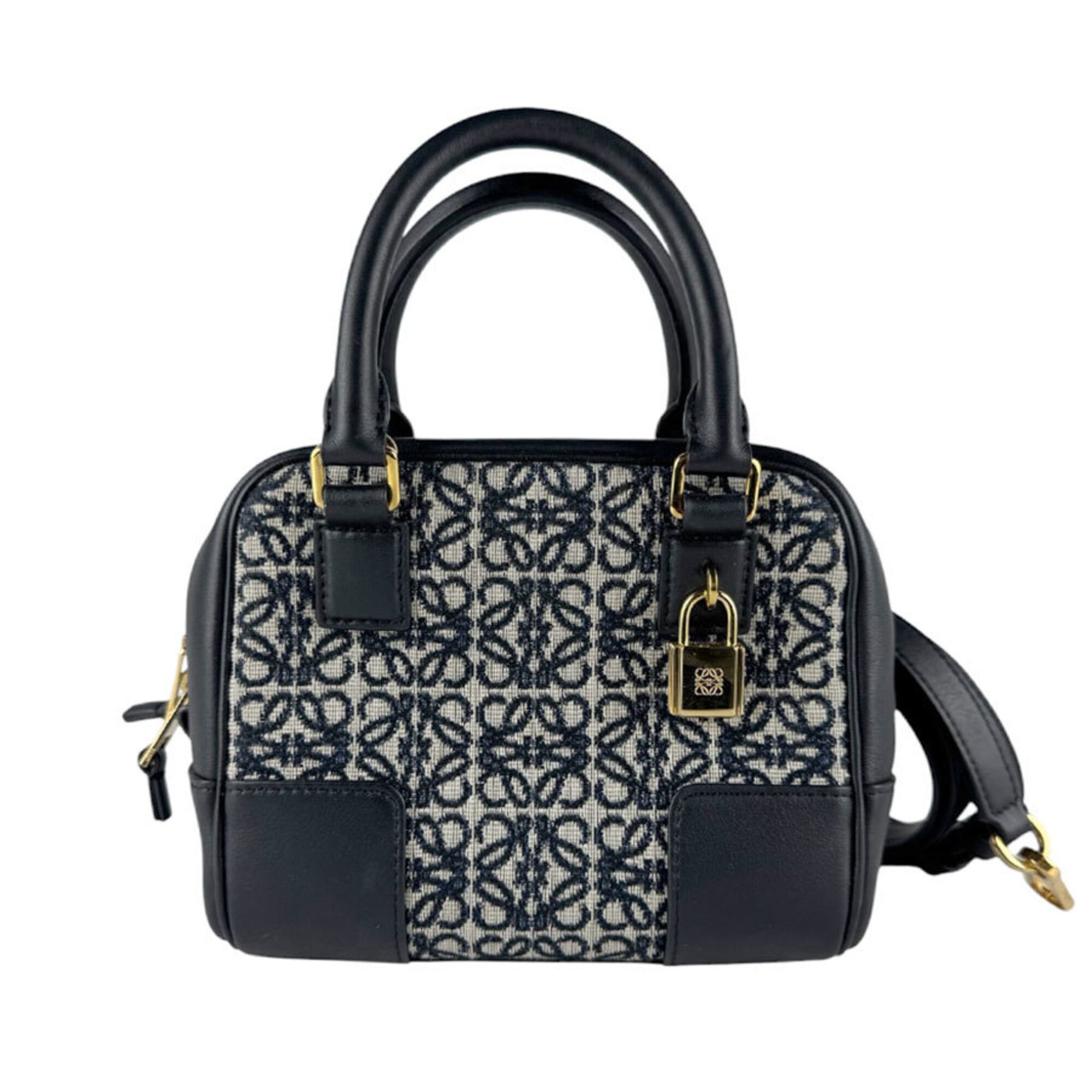 Loewe Black Navy Leather Jacquard Handbag Shoulder Bag (Pre-Owned)