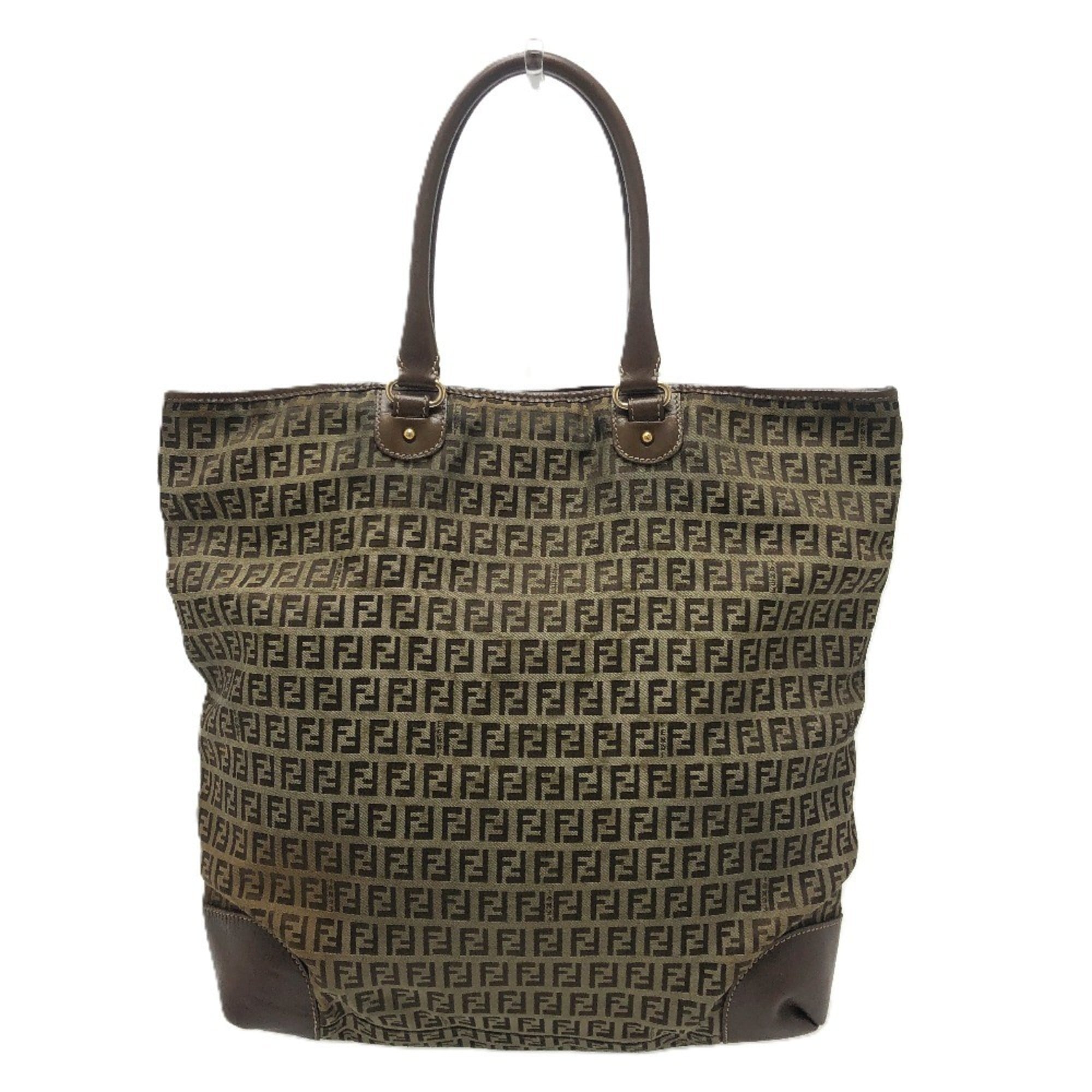 Fendi Beige Zucchino Canvas Leather Handbag Shoulder Bag Tote Bag (Pre-Owned)