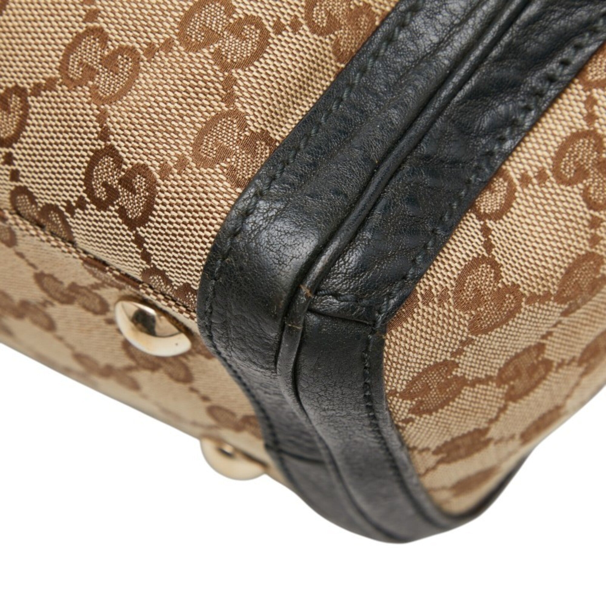 Gucci Beige Black Green Canvas Leather Shoulder Bag Tote Bag (Pre-Owned)
