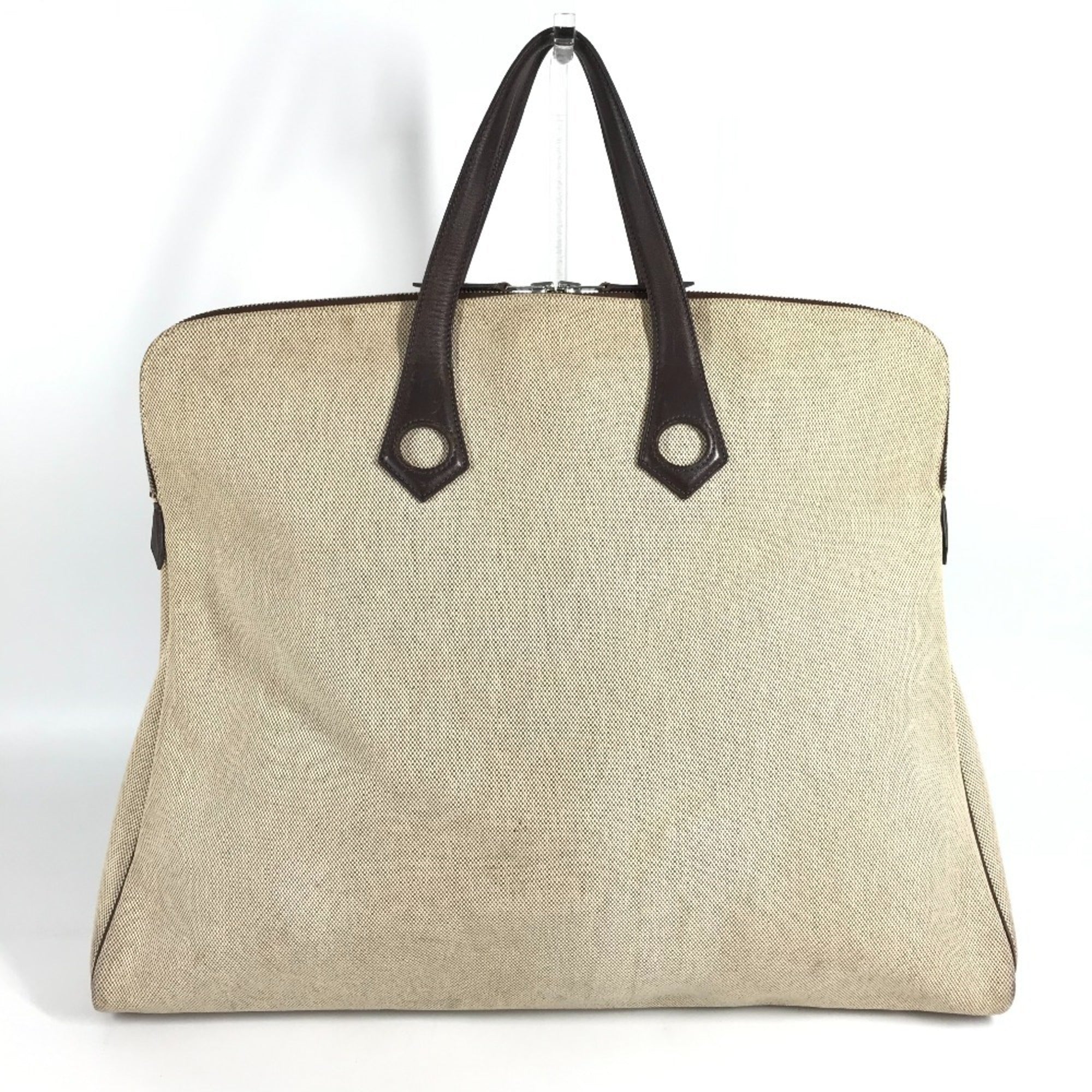 Hermes Beige Brown Leather Canvas Handbag Tote Bag (Pre-Owned)