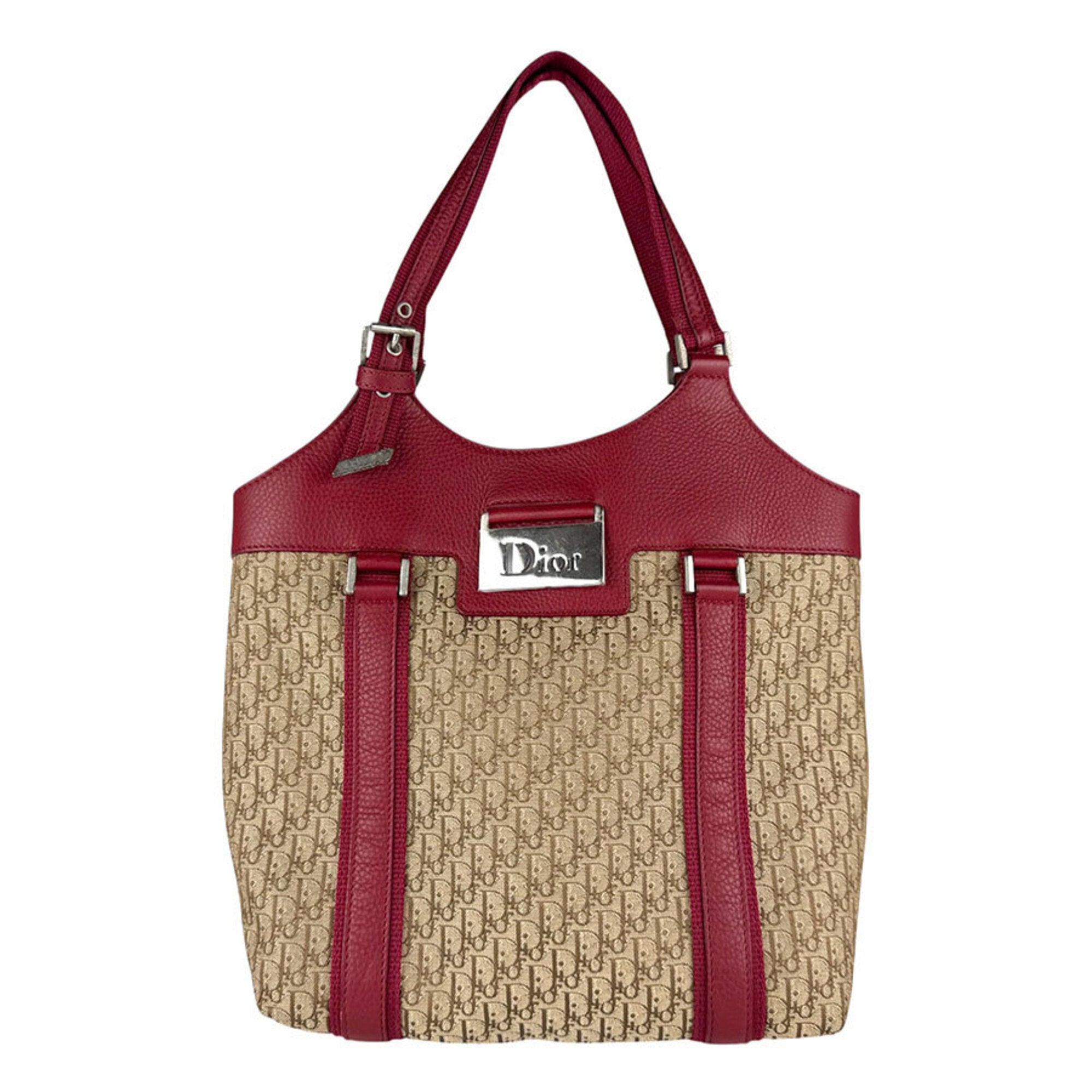 Christian Dior Brown Red Color Leather Canvas Handbag (Pre-Owned)