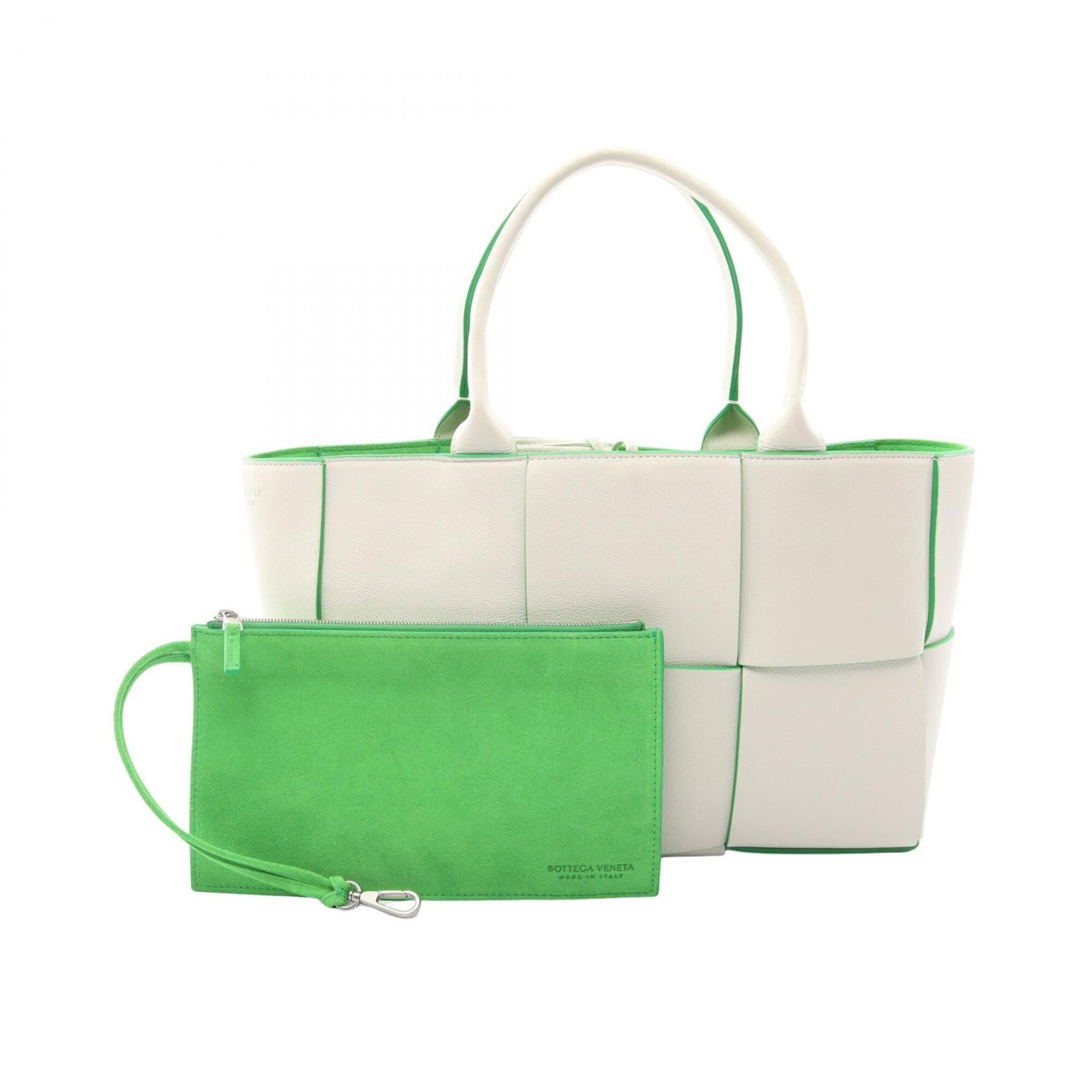 Bottega Veneta Green White Leather Handbag Pouch Tote Bag (Pre-Owned)