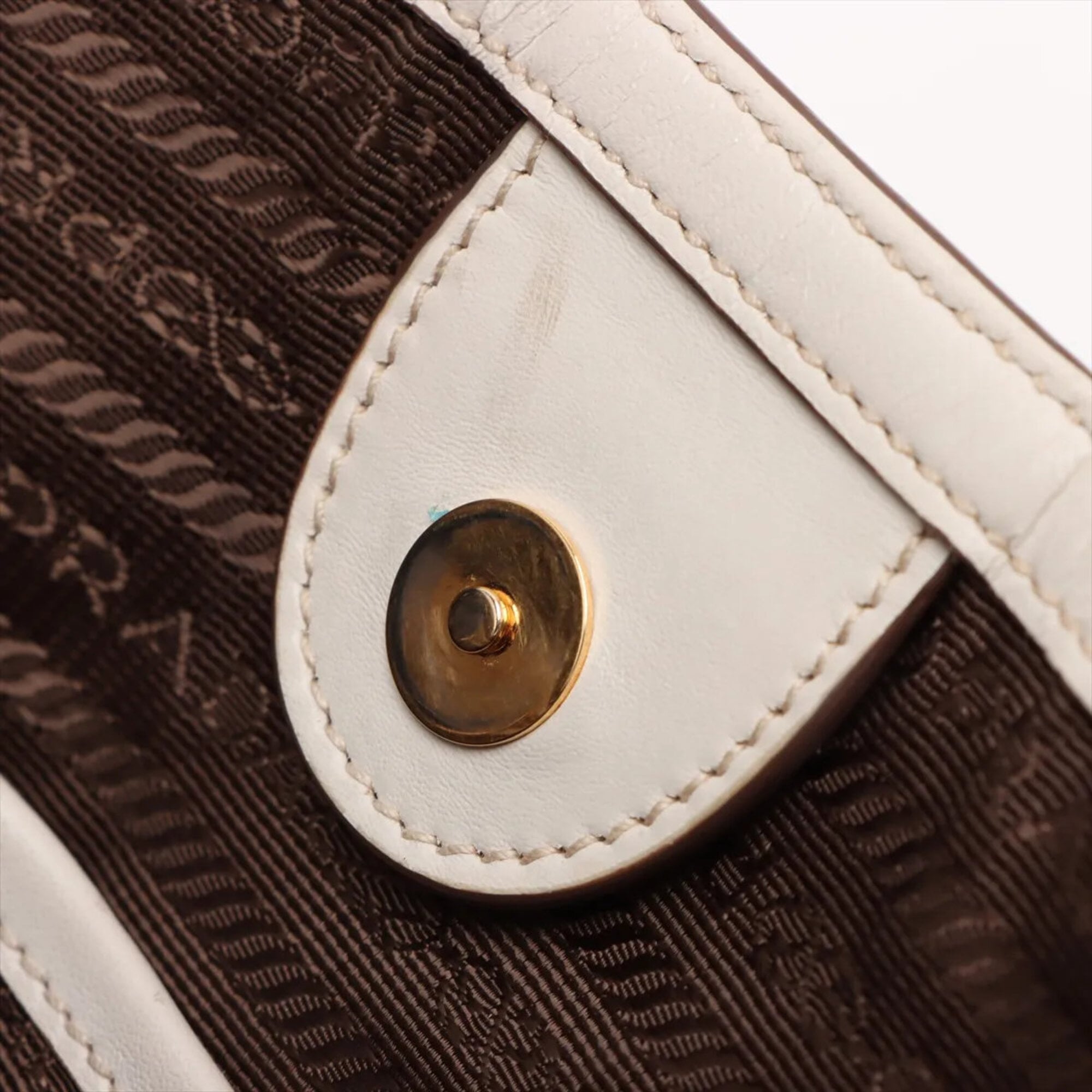 Prada Beige White Canvas Leather Handbag Tote Bag (Pre-Owned)