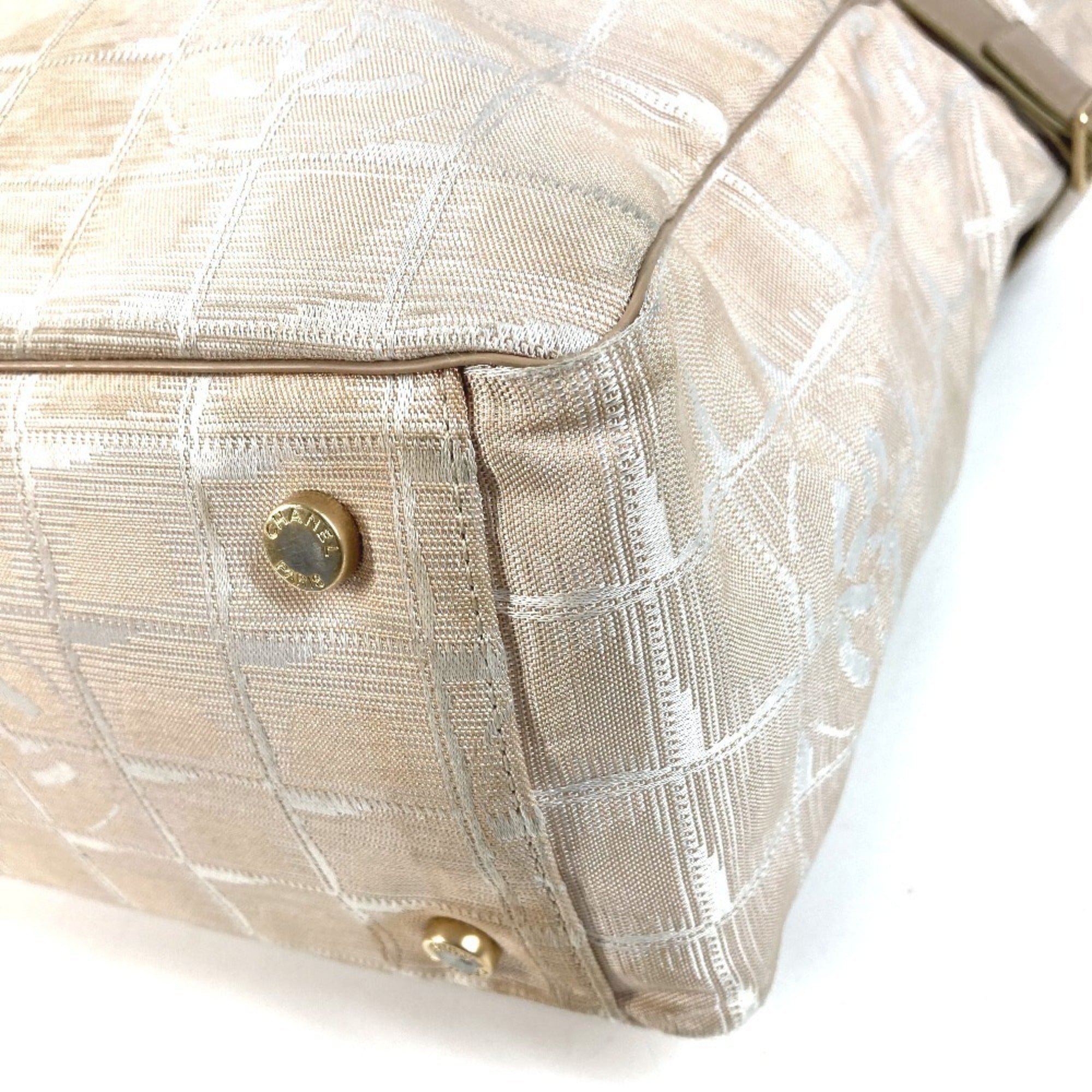 Chanel Beige Nylon Leather Shoulder Bag Tote Bag (Pre-Owned)
