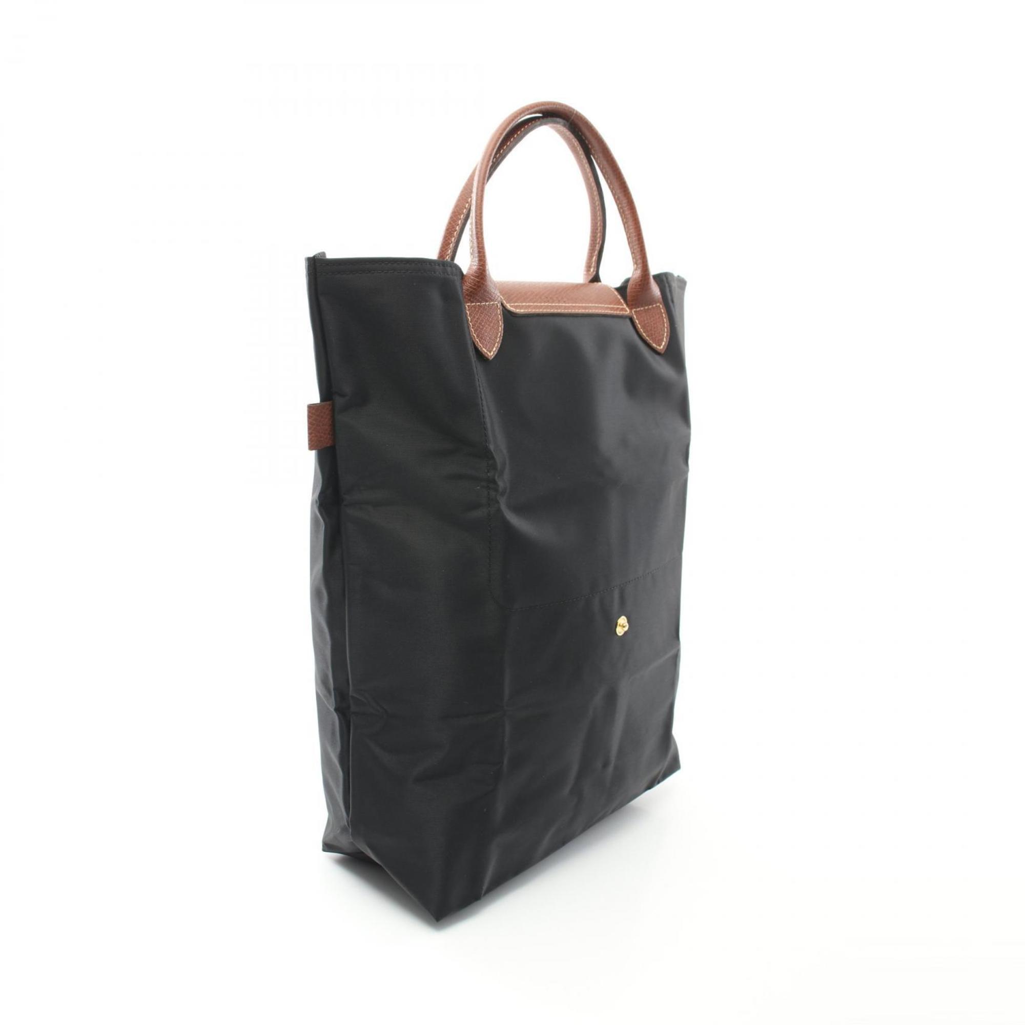 Longchamp Black Brown Nylon Leather Shopping Bag Tote Bag (Pre-Owned)