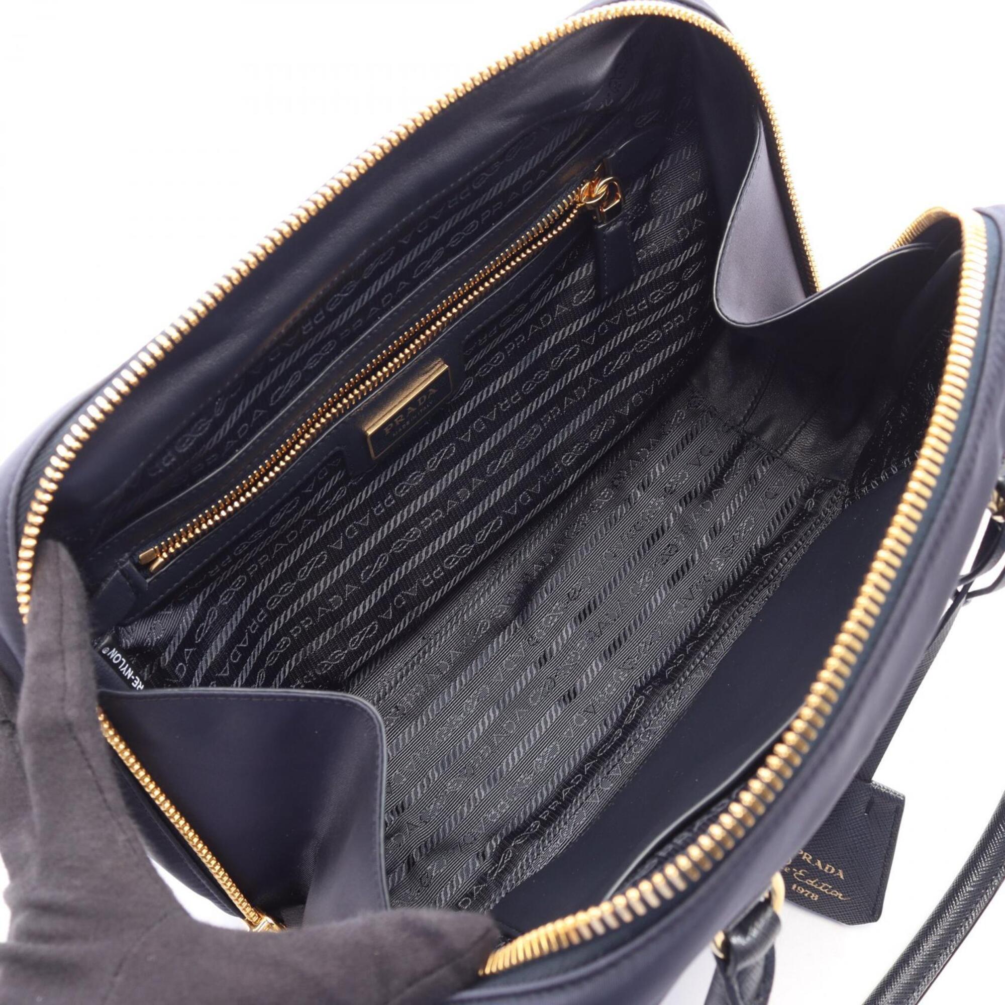 Prada Black Navy Nylon Leather Handbag (Pre-Owned)