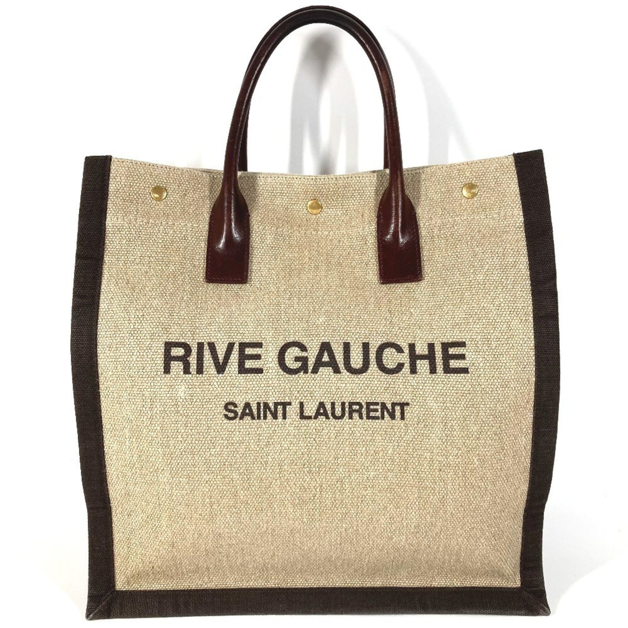 Yves Saint Laurent Beige Brown Linen Leather Handbag Shoulder Bag Tote Bag (Pre-Owned)