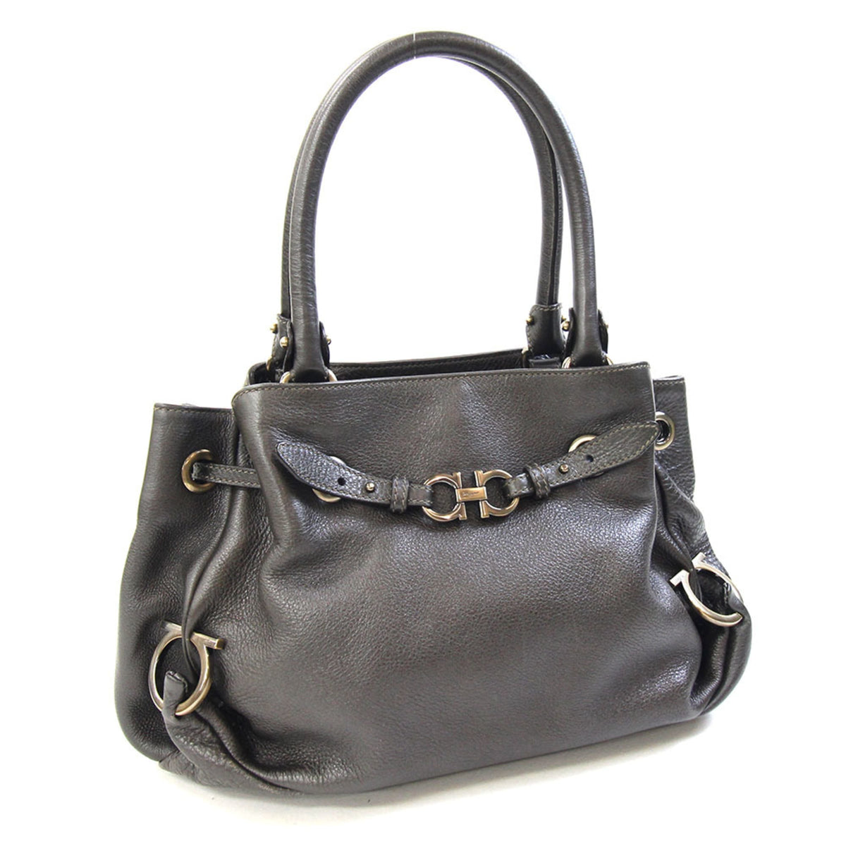 Salvatore Ferragamo Gancini Charcoal Gray Leather Handbag (Pre-Owned)