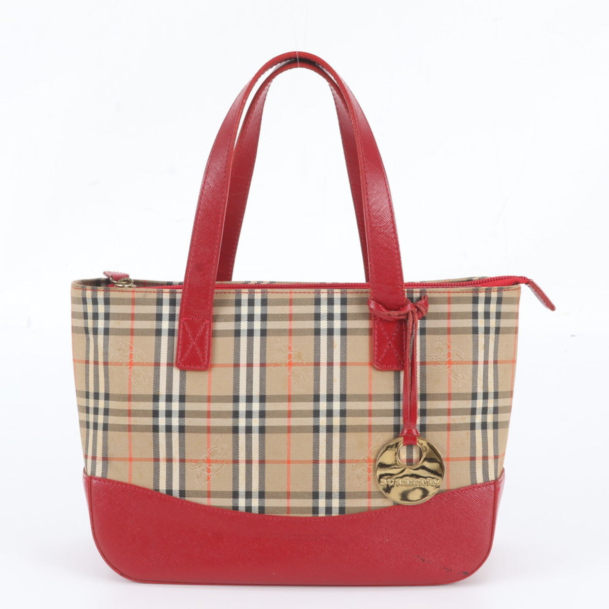 Burberry Brown Red Color Leather Canvas Handbag Shoulder Bag Tote Bag (Pre-Owned)