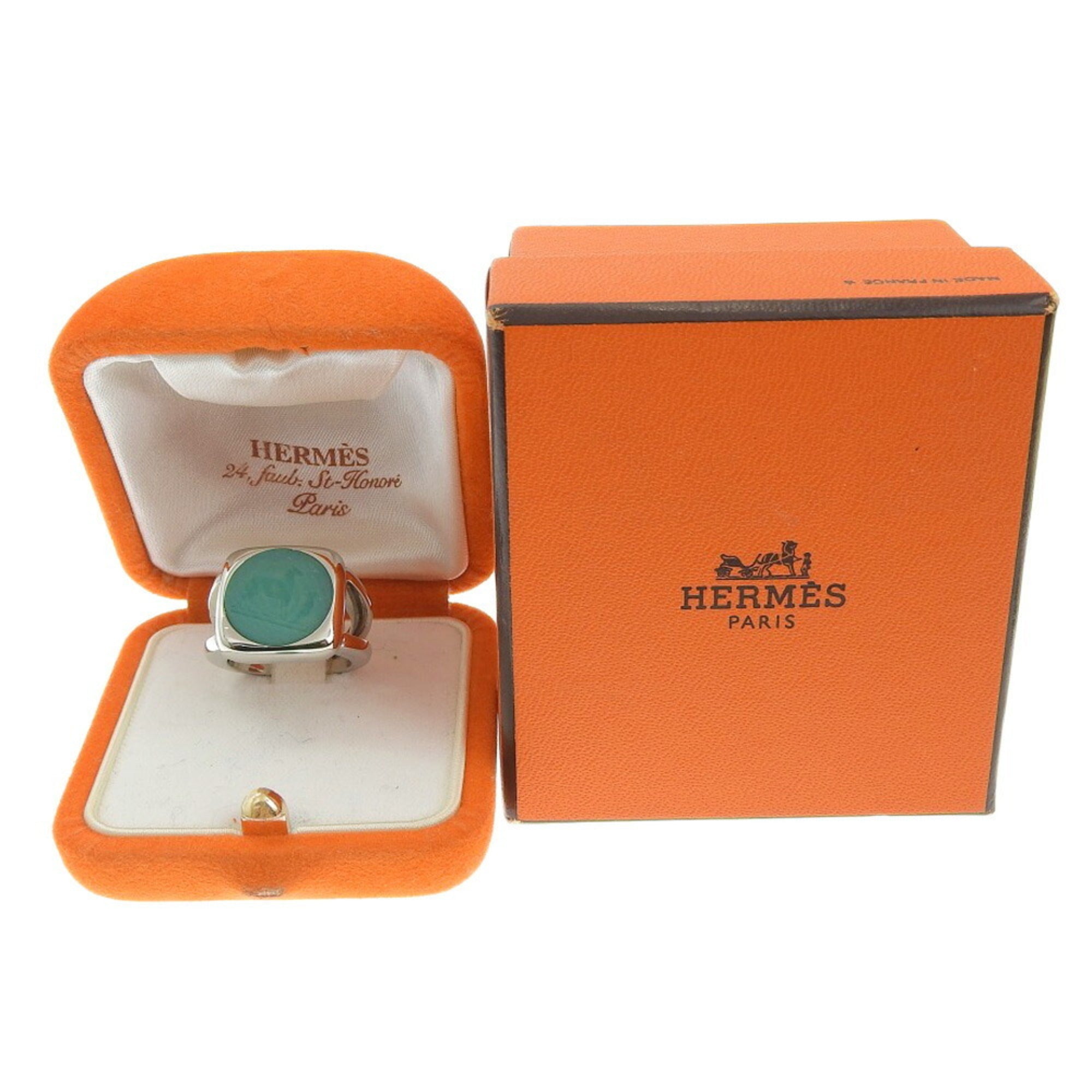 Hermes Silver Green Metal Band Ring (Pre-Owned)