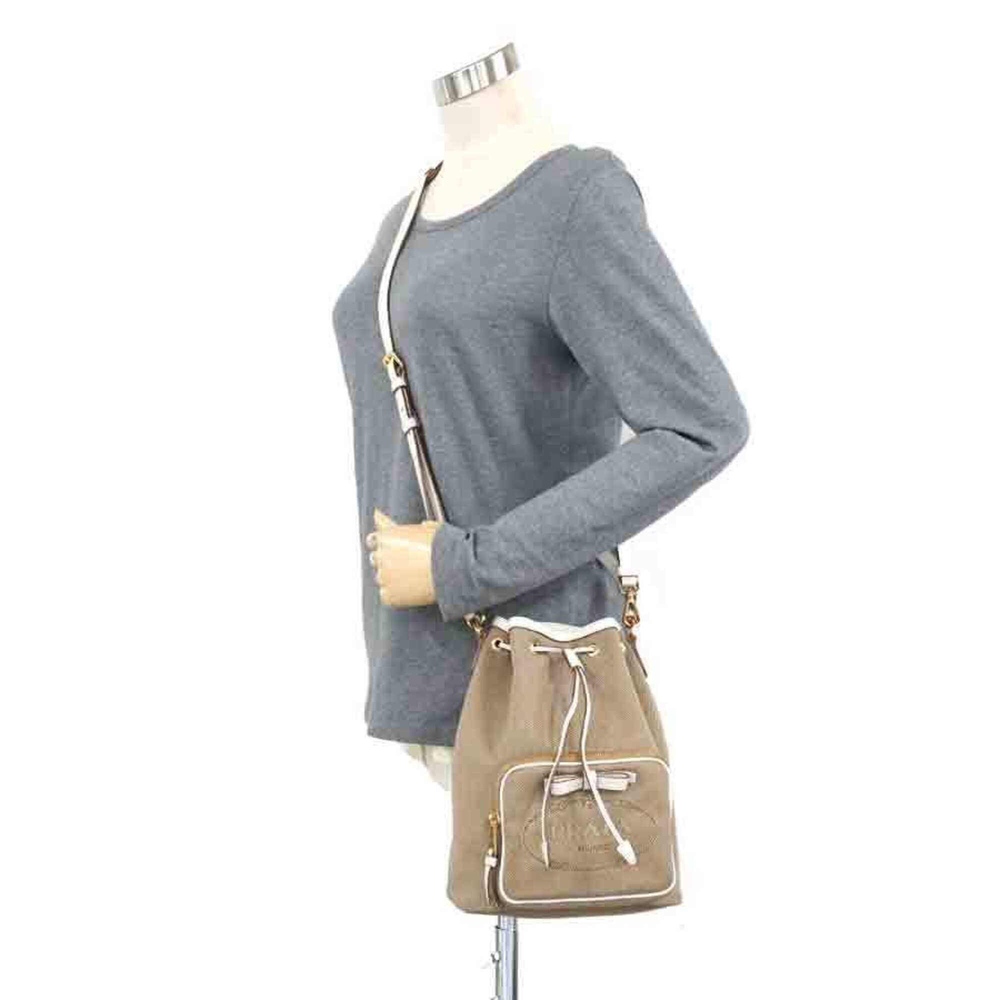 Prada Brown White Canvas Leather Handbag Shoulder Bag (Pre-Owned)