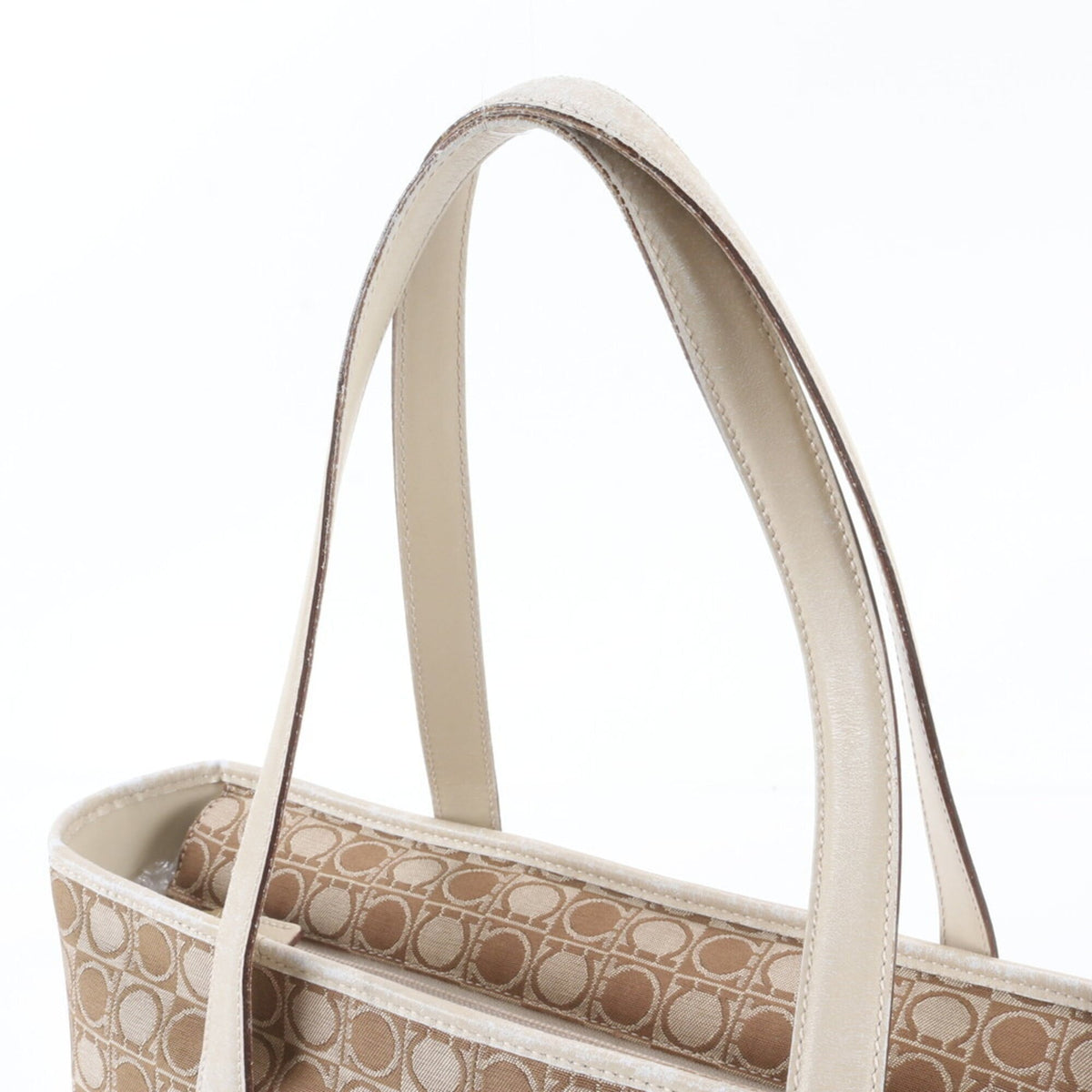 Salvatore Ferragamo Beige Leather Canvas Handbag Shoulder Bag Tote Bag (Pre-Owned)