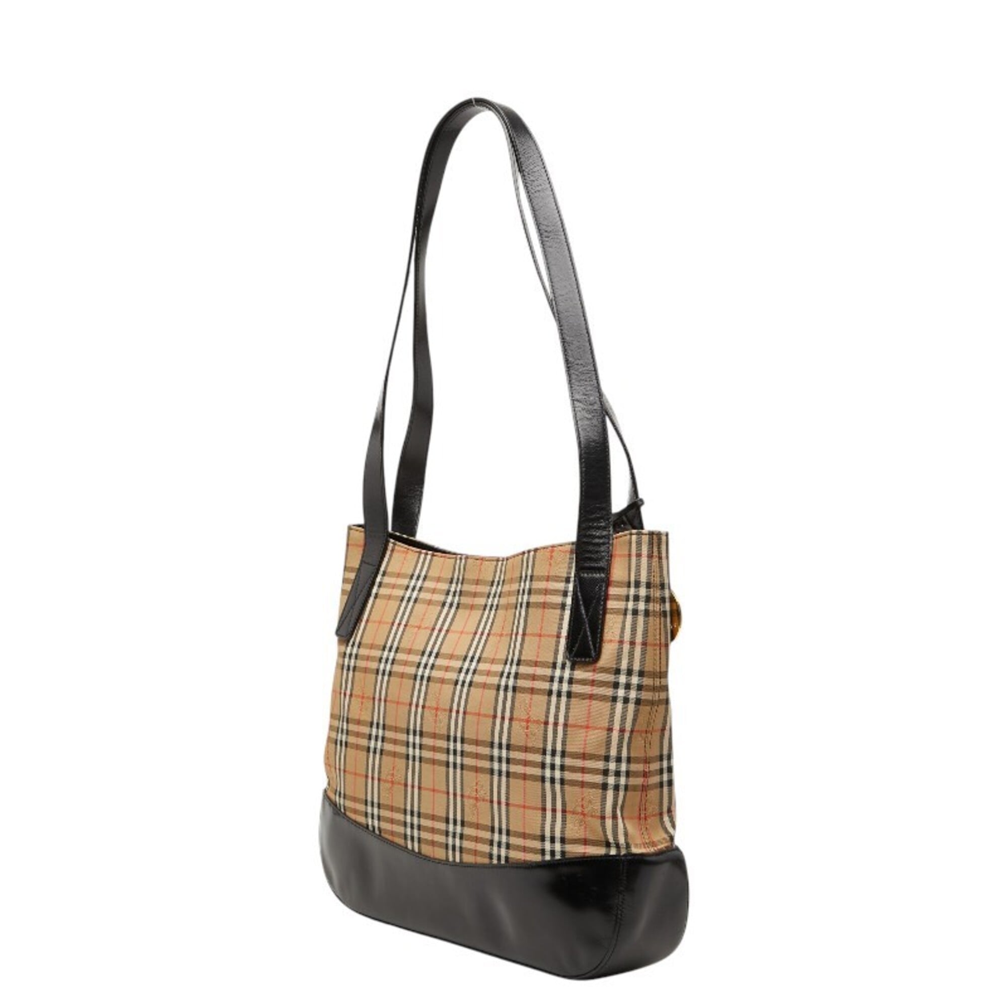 Burberry Beige Black Canvas Leather Shoulder Bag Tote Bag (Pre-Owned)