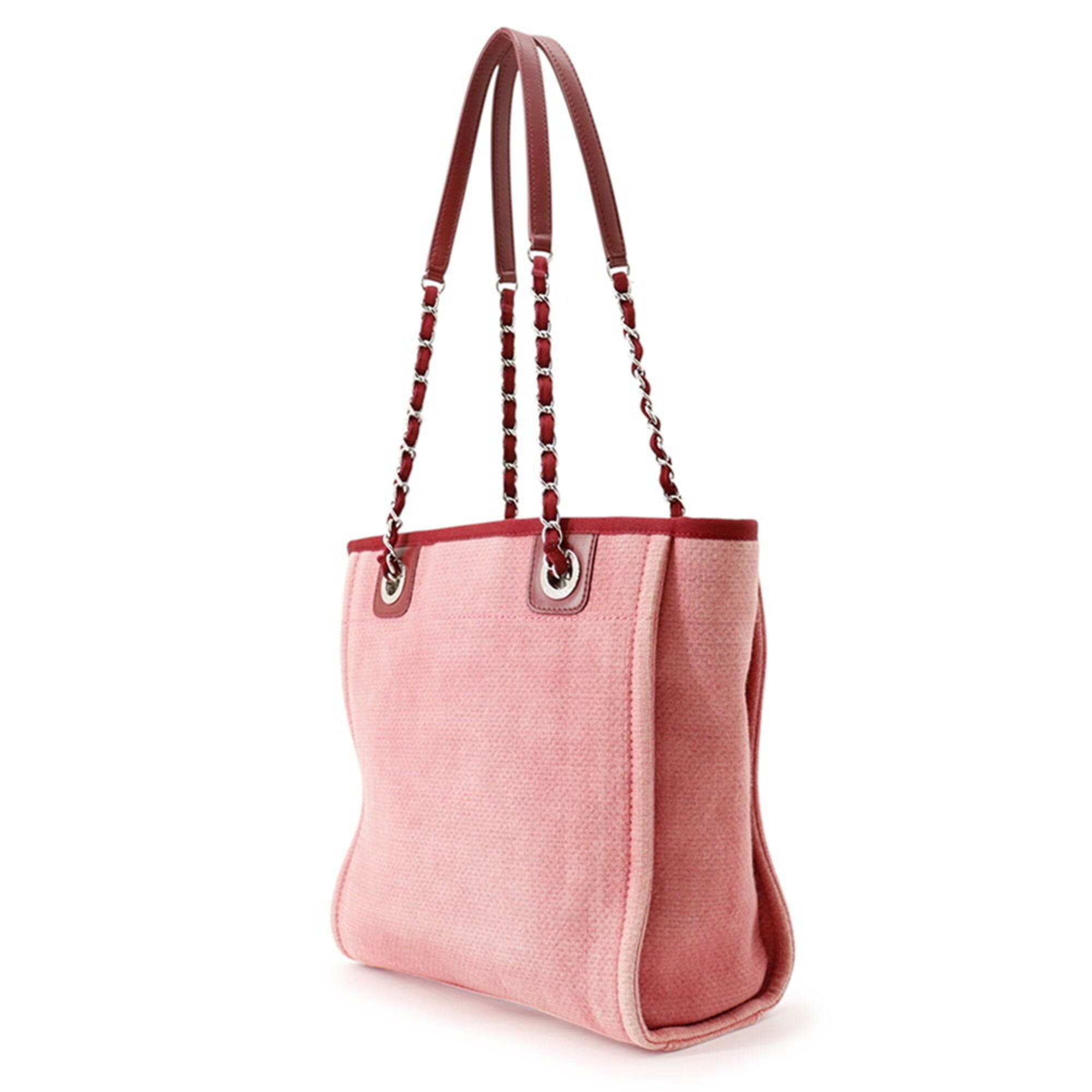 Chanel Pink Red Canvas Leather Handbag Tote Bag (Pre-Owned)