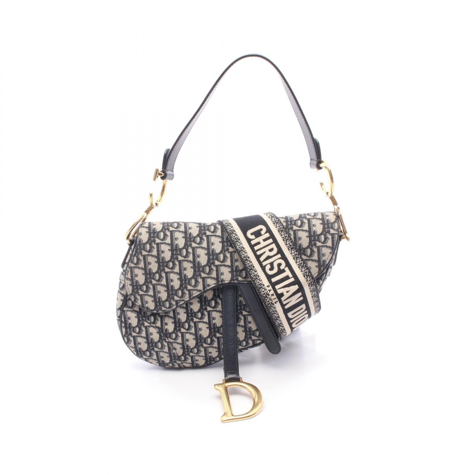 Christian Dior Beige Navy Canvas Leather Handbag Saddle Bag (Pre-Owned)